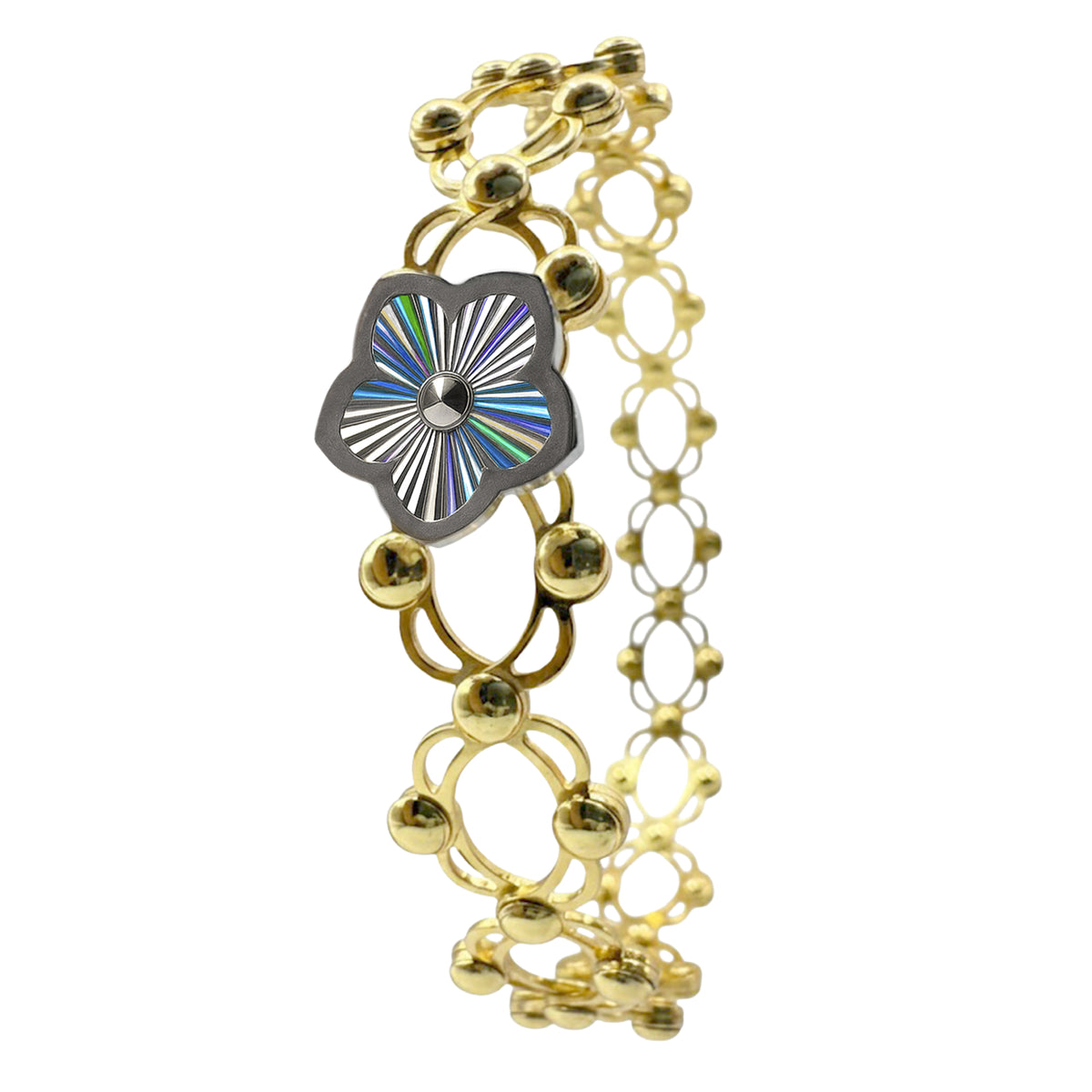 Brazalete Doble Uso Pulsera o Anillo con Flor Giratoria Plata .925 con Baño de Oro