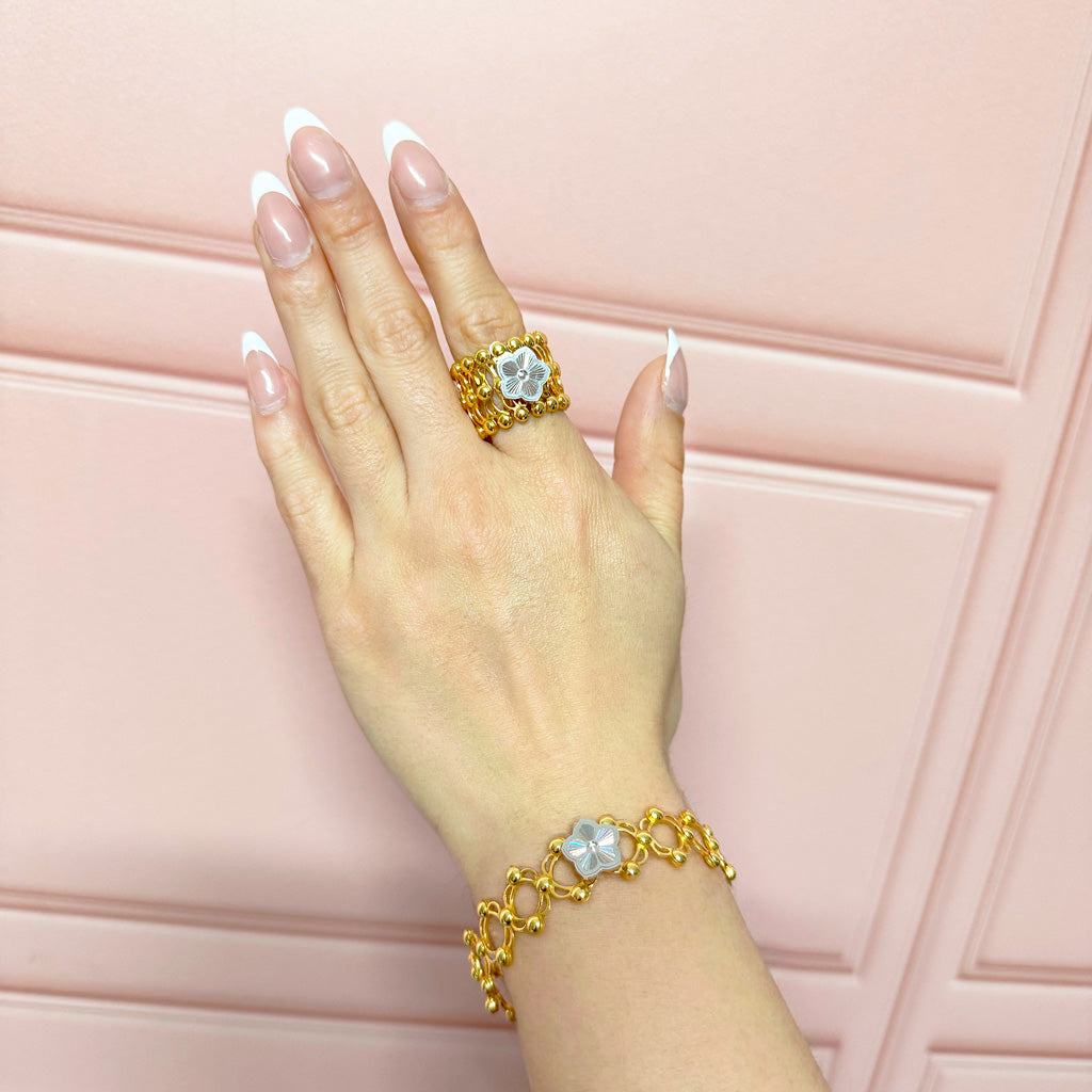 Brazalete Doble Uso Pulsera o Anillo con Flor Giratoria Plata .925 con Baño de Oro