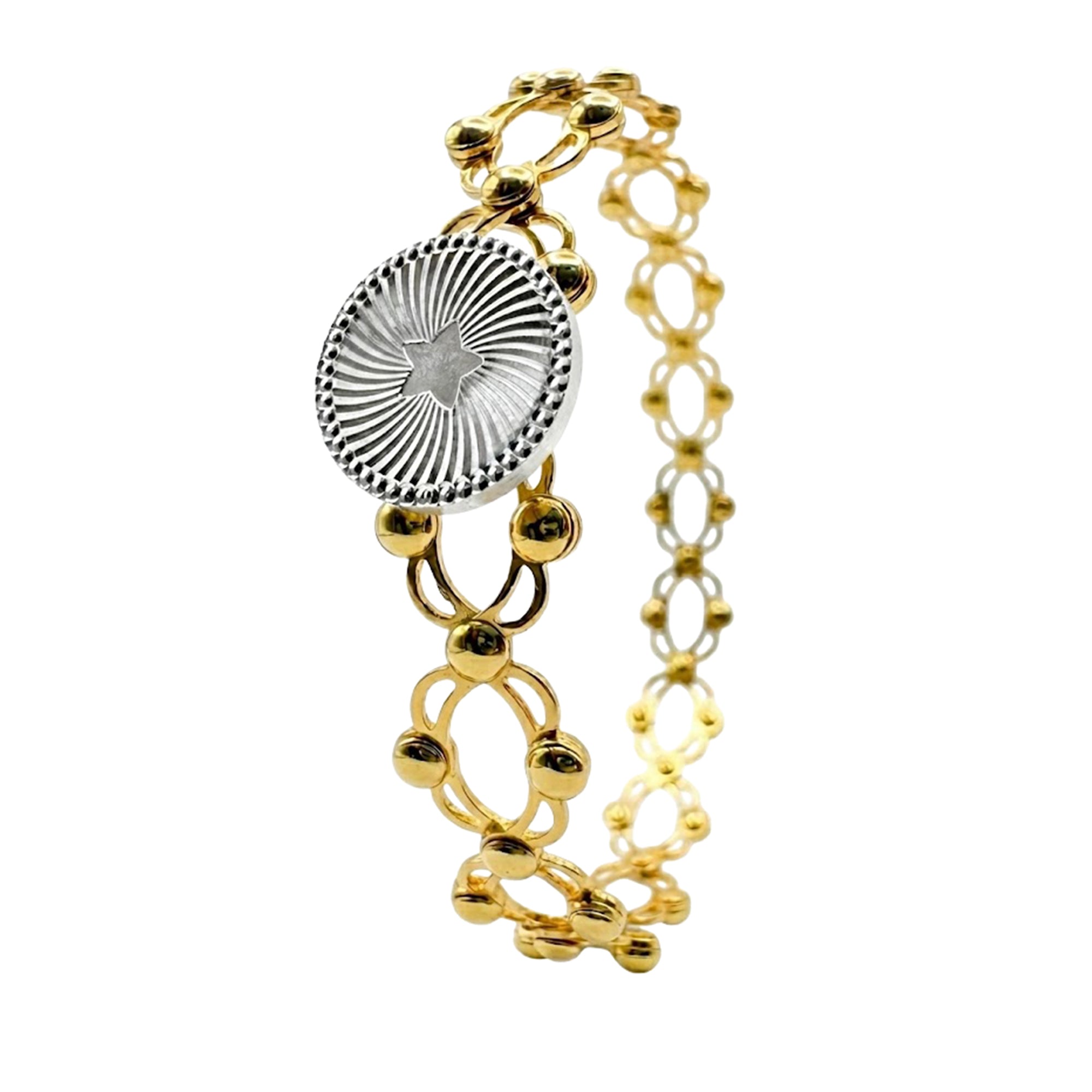 Brazalete Doble Uso Anillo Pulsera Circulo Giratorio con Estrella Con Baño de Oro 18K Plata .925