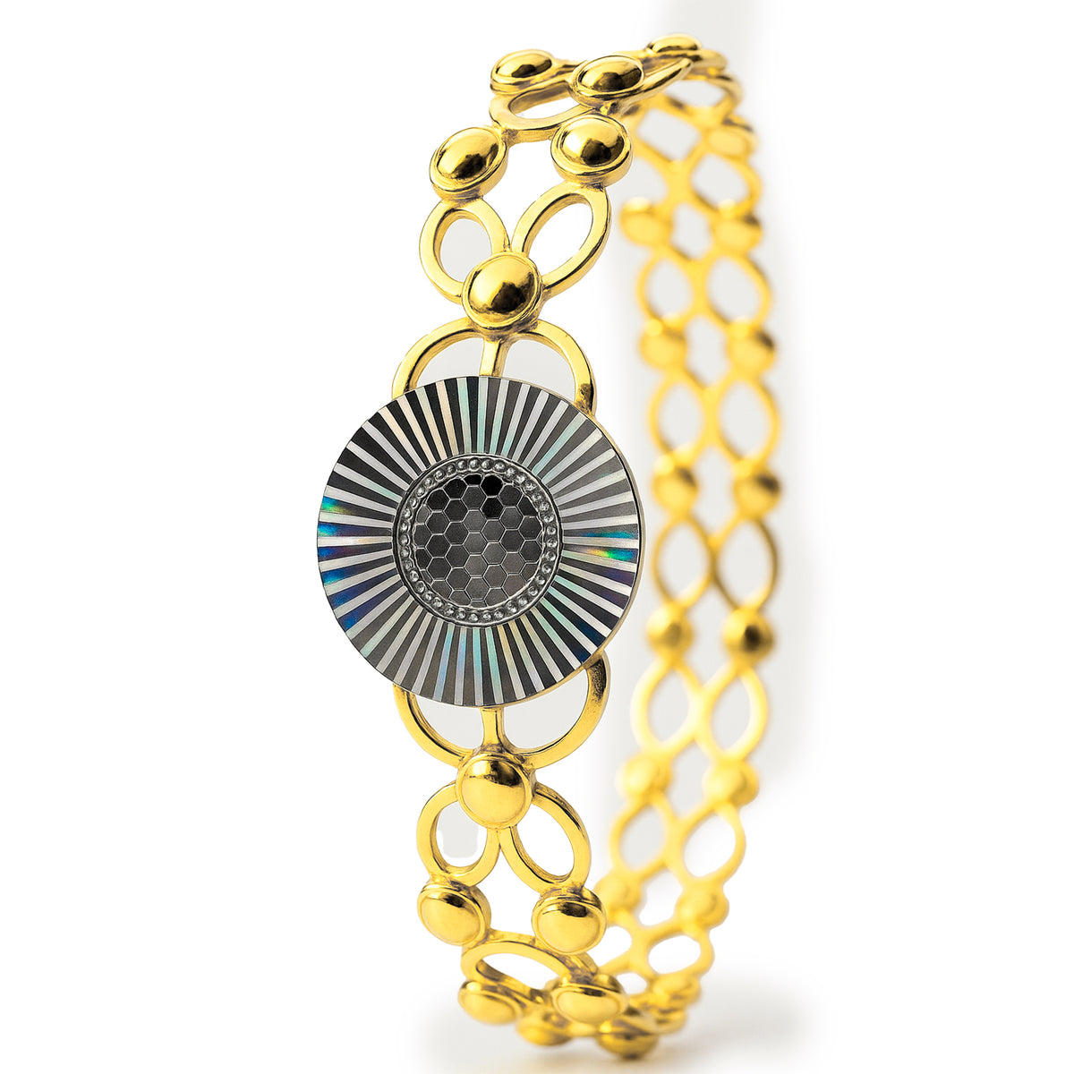 Brazalete Doble Uso Anillo Pulsera con Circulo Diamantado Giratorio y Baño de Oro Plata .925