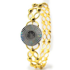 Brazalete Doble Uso Anillo Pulsera con Circulo Diamantado Giratorio y Baño de Oro Plata .925