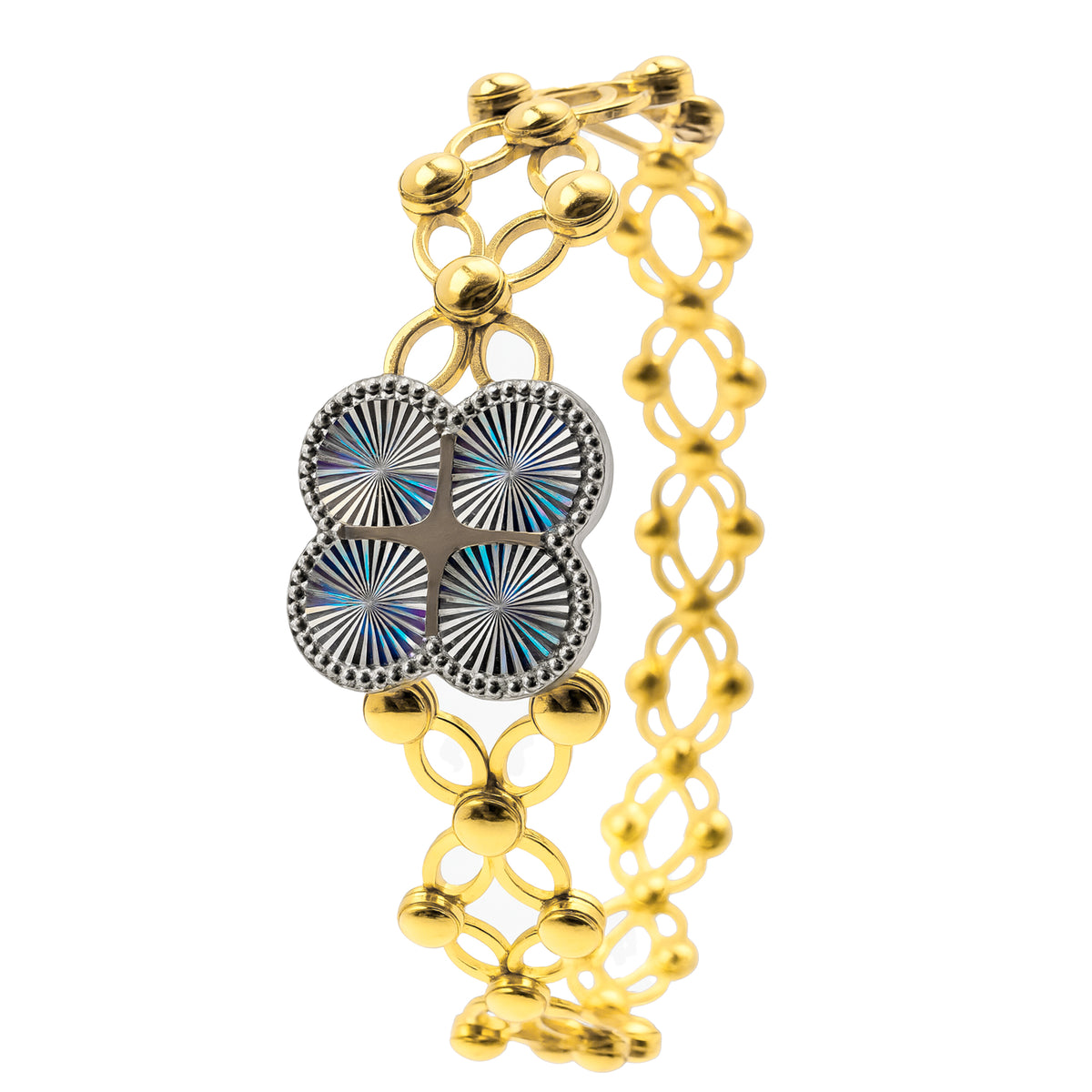 Brazalete Doble Uso Anillo Pulsera con Circulos Diamantados Giratorios y Baño de Oro Plata .925