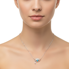 Collar Ojo Turco Micro Circonias Con Ópalo y Circonia en Forma de Gota Plata .925 con Rodio