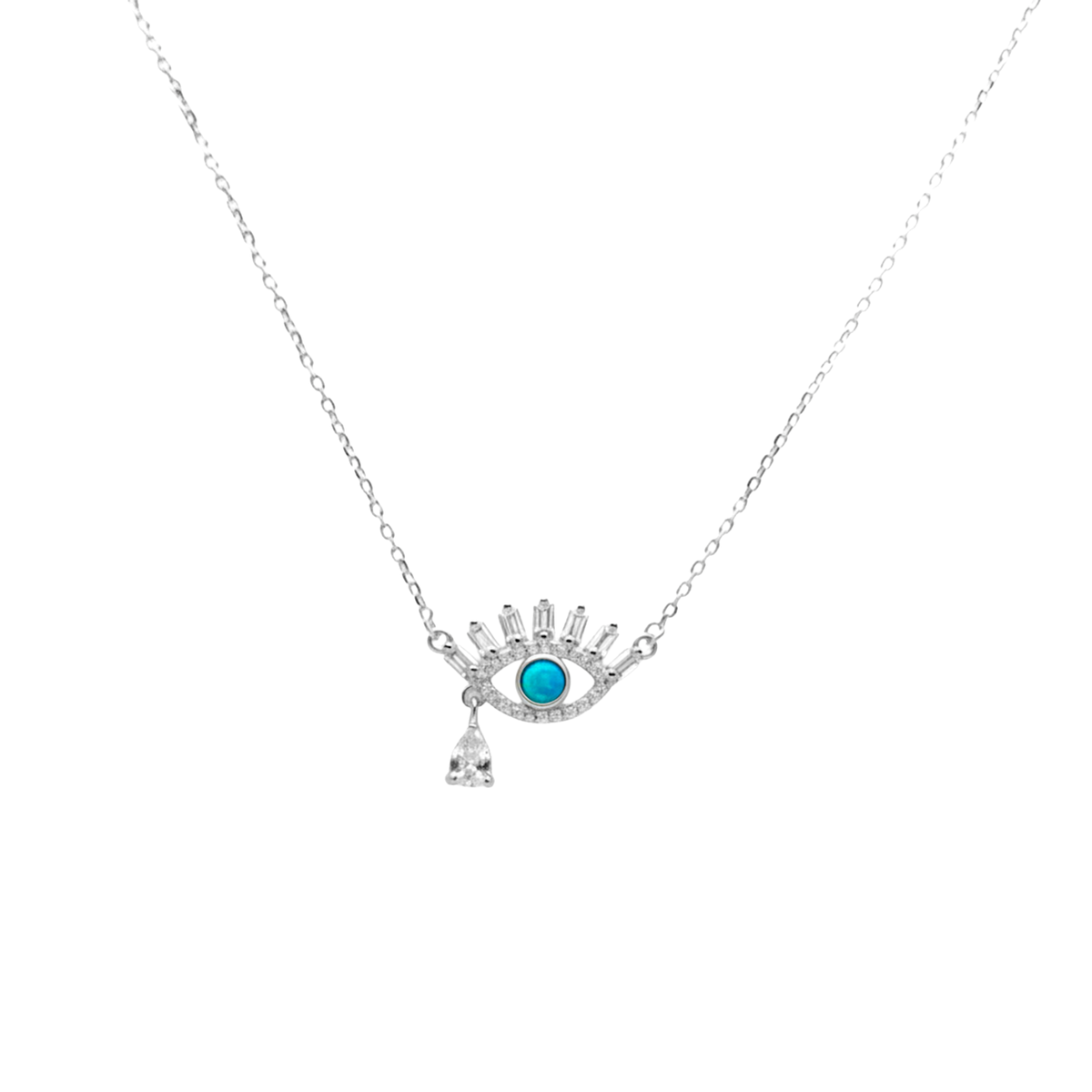 Collar Ojo Turco Micro Circonias Con Ópalo y Circonia en Forma de Gota Plata .925 con Rodio