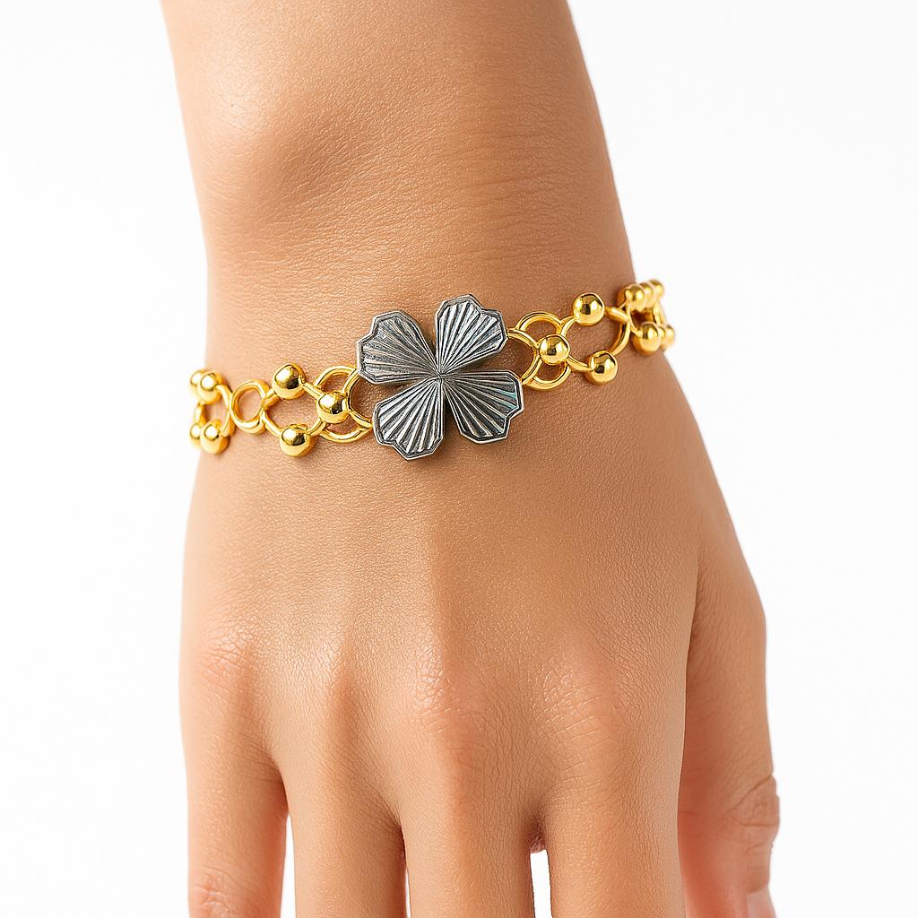 Brazalete Doble Uso Anillo Pulsera con Circulos Trebol Giratorio y Baño de Oro Plata .925