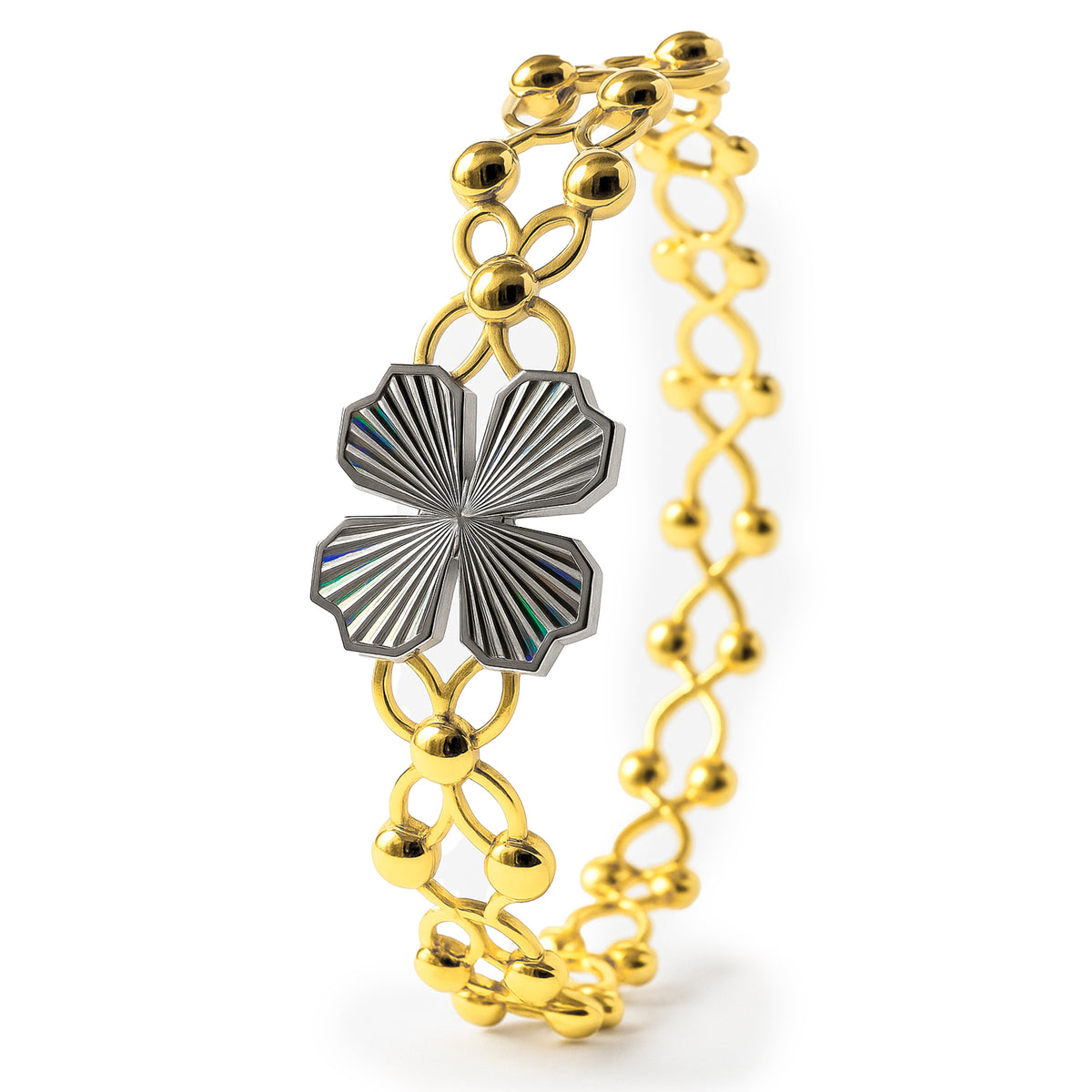 Brazalete Doble Uso Anillo Pulsera con Circulos Trebol Giratorio y Baño de Oro Plata .925