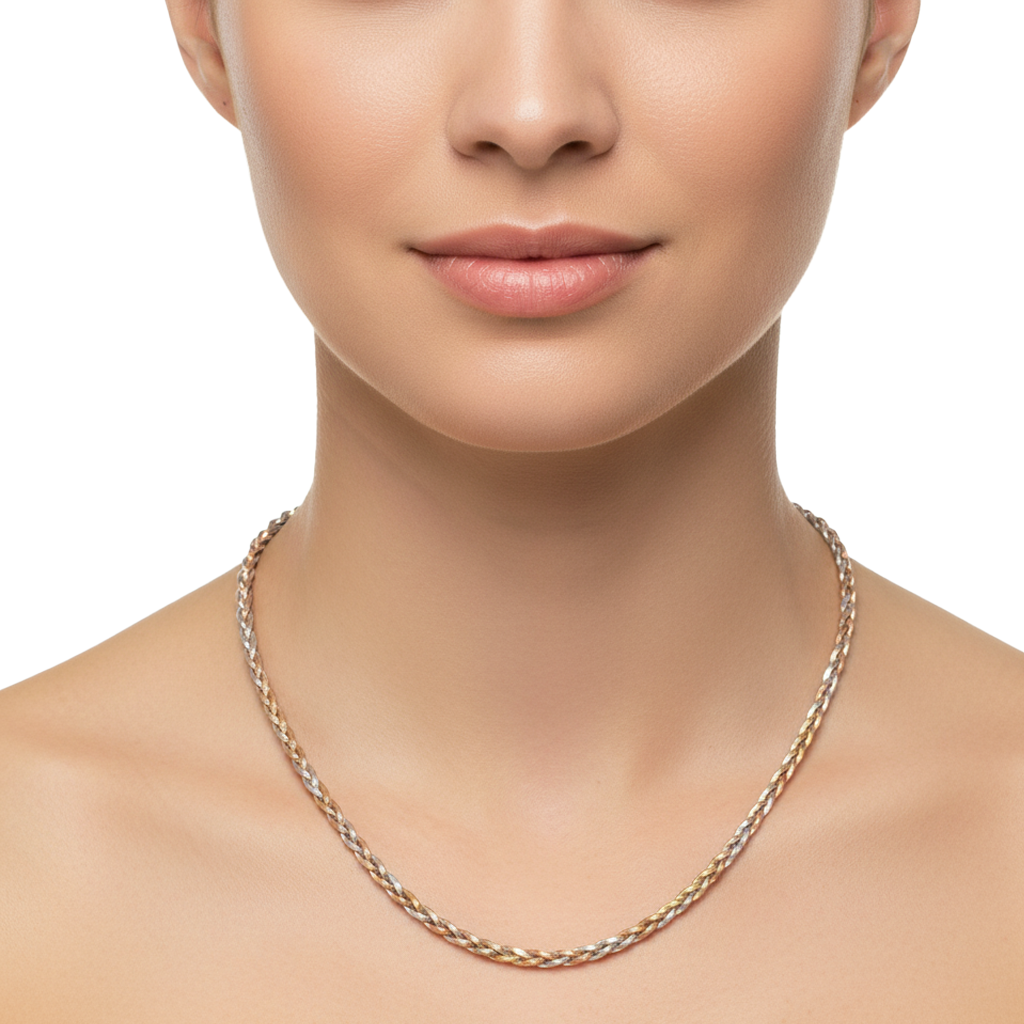 Collar Trenzado Diamantado con Baño 3 Oros Plata .925