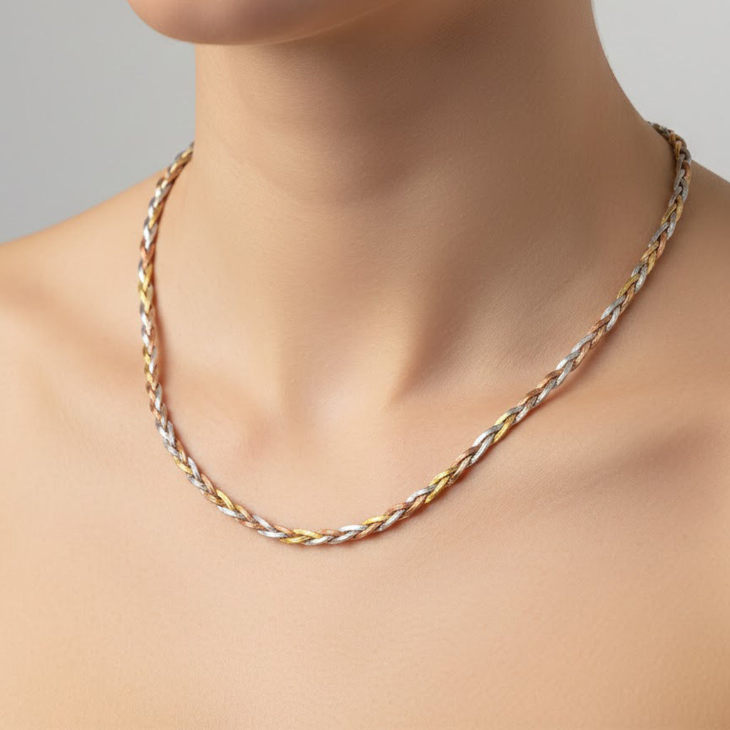 Collar Trenzado Diamantado con Baño 3 Oros Plata .925