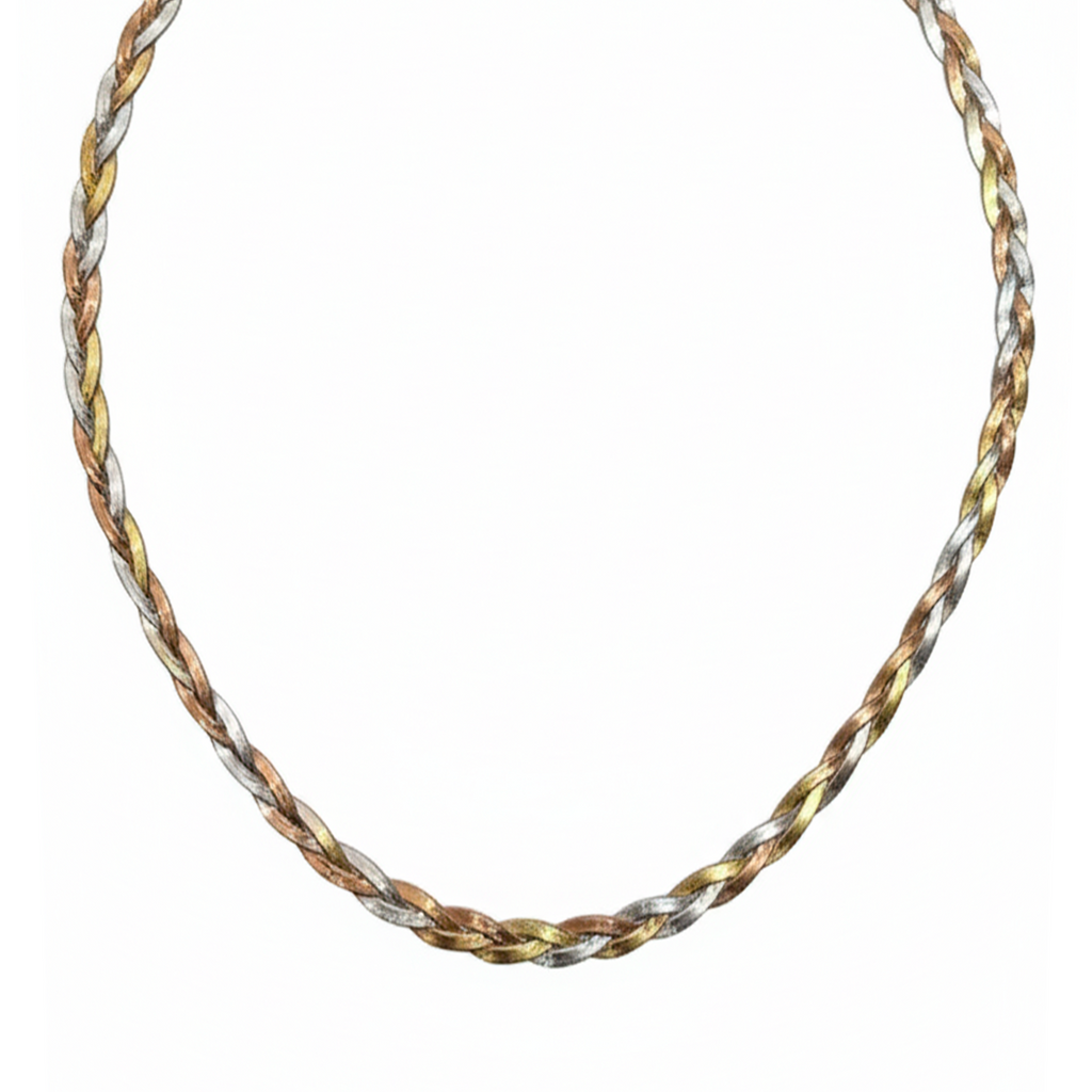 Collar Trenzado Diamantado con Baño 3 Oros Plata .925