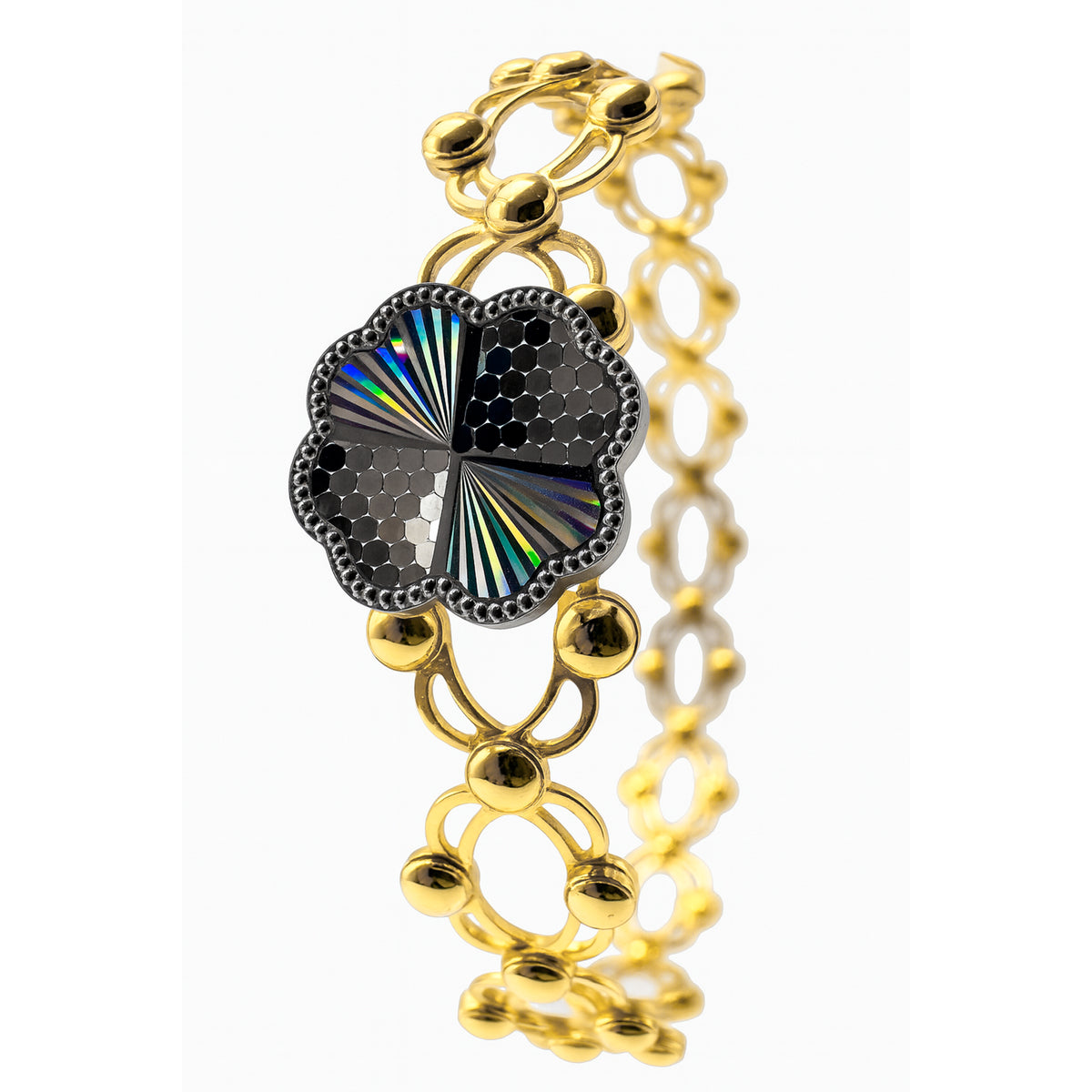 Brazalete Doble Uso Anillo Pulsera con Trebol 4 Hojas Giratorio y Baño de Oro Plata .925