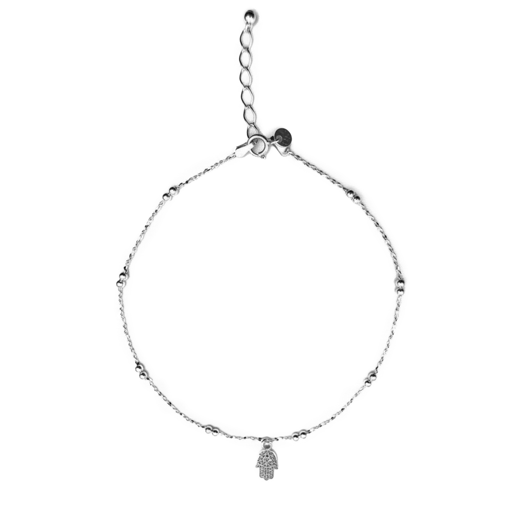 Tobillera Dije Mano de Fatima con Bolitas y Cadena Torzalito Plata .925