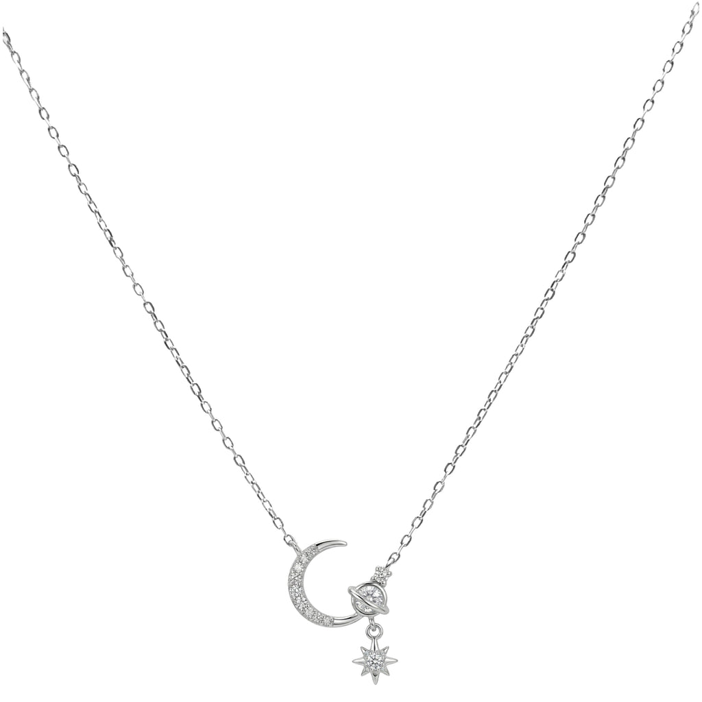 Collar Media Luna con Micro Circonias y Saturno con Estrella Plata .925 con Baño de Rodio
