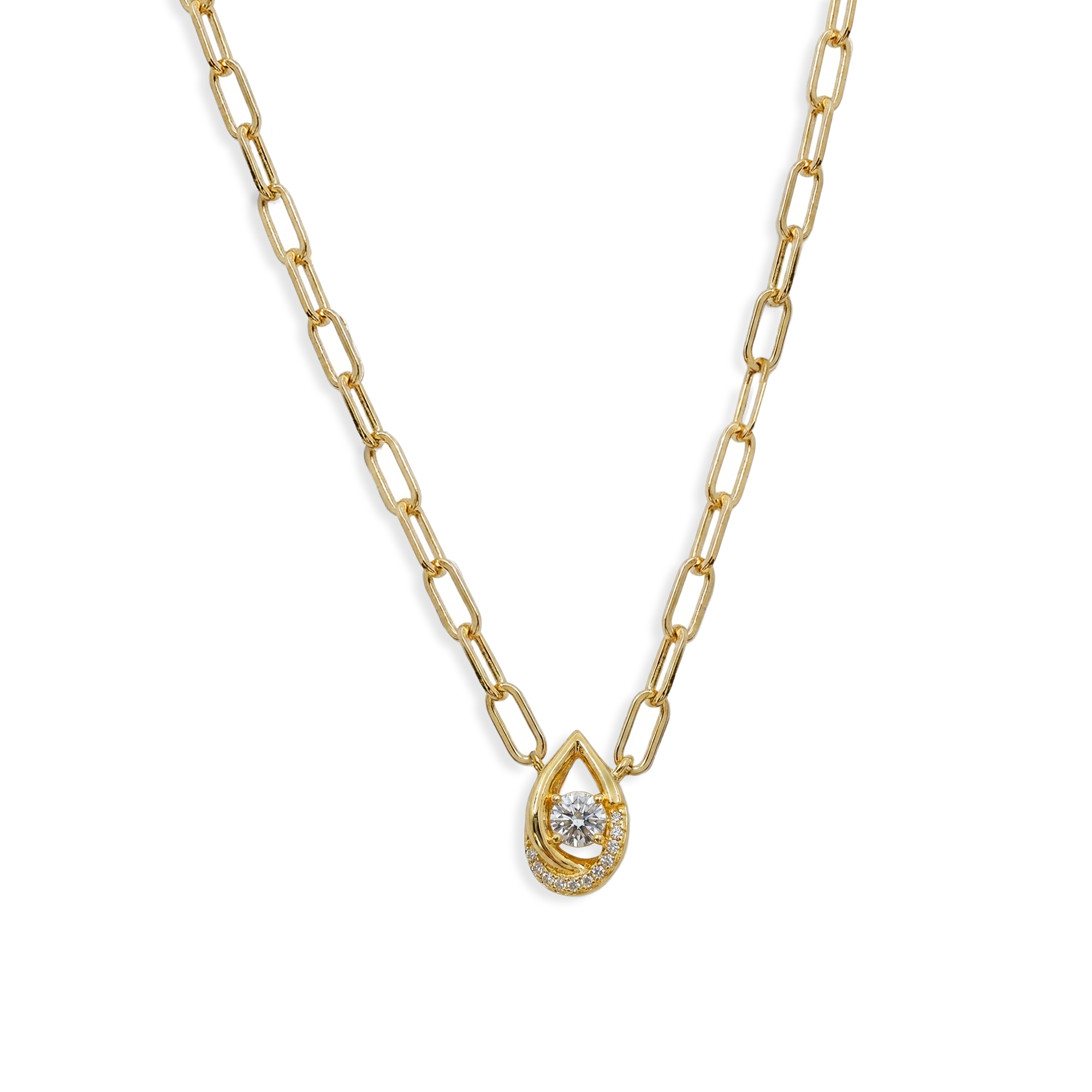 Collar Paper Clip con Gota 3D y Micro Circonias Oro 10K