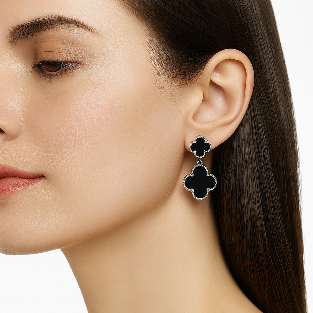 Arete Doble Flor Mediano Inspirado Van C con Piedras Naturales Plata .925 con Baño de Rodio