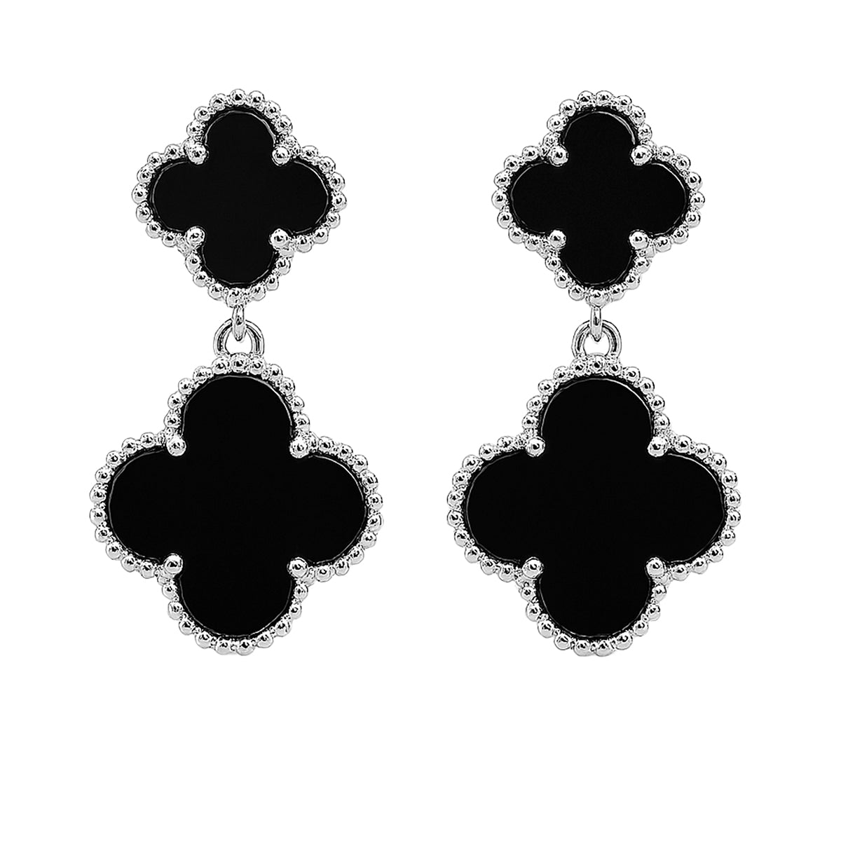 Arete Doble Flor Mediano Inspirado Van C con Piedras Naturales Plata .925 con Baño de Rodio