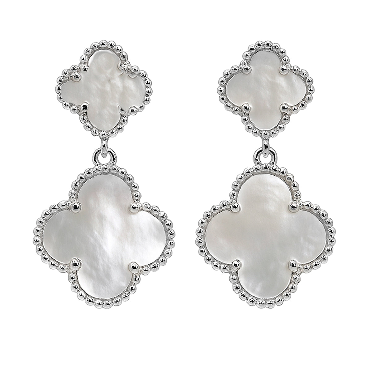 Arete Doble Flor Mediano Inspirado Van C con Piedras Naturales Plata .925 con Baño de Rodio