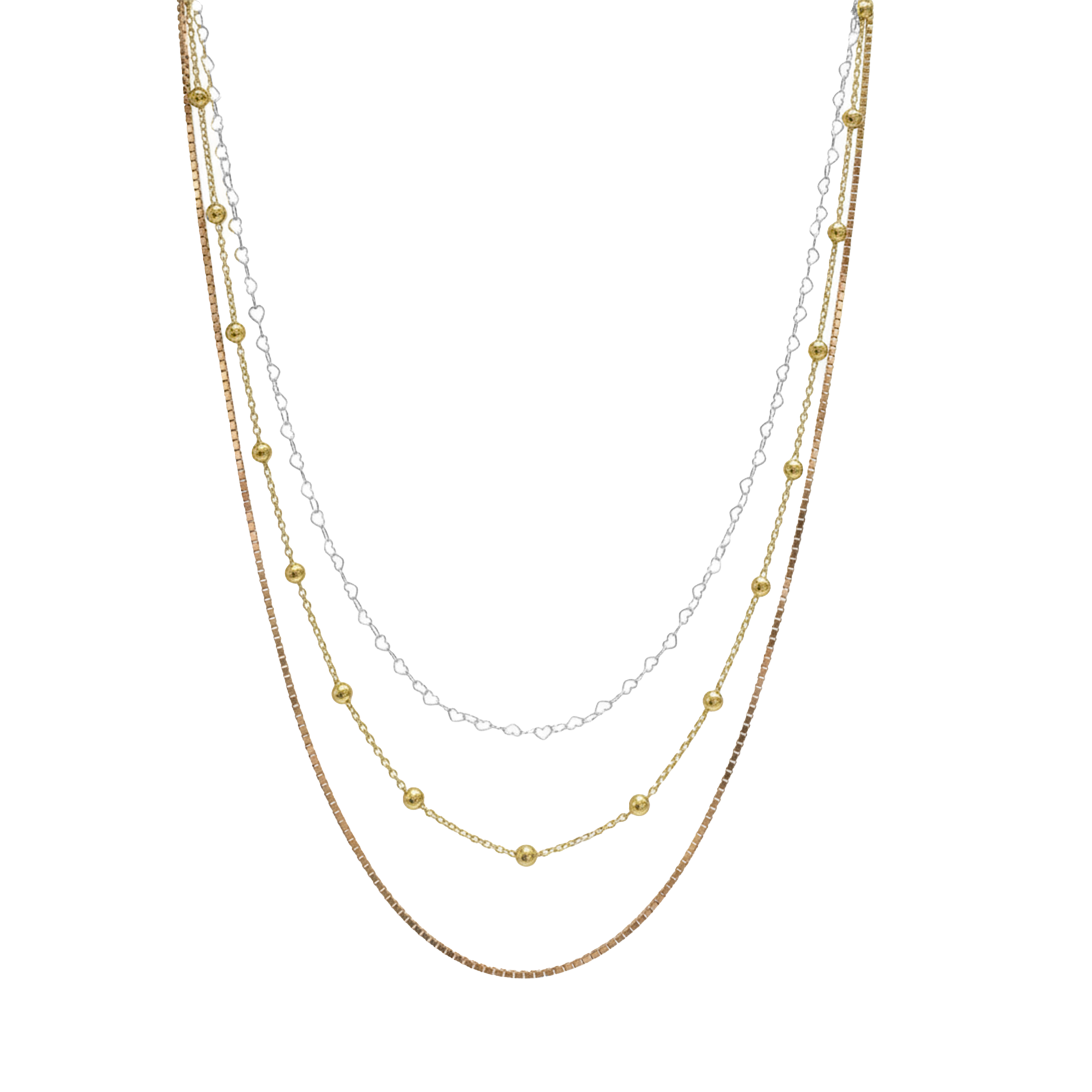 Collar Triple Cadena Corazones, Box y Viviana Plata .925 con Baño 3 Oros