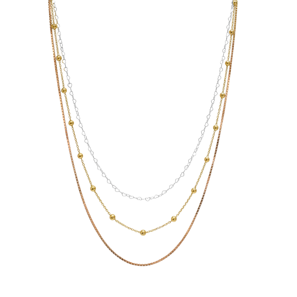 Collar Triple Cadena Corazones, Box y Viviana Plata .925 con Baño 3 Oros