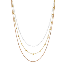 Collar Triple Cadena Corazones, Box y Viviana Plata .925 con Baño 3 Oros