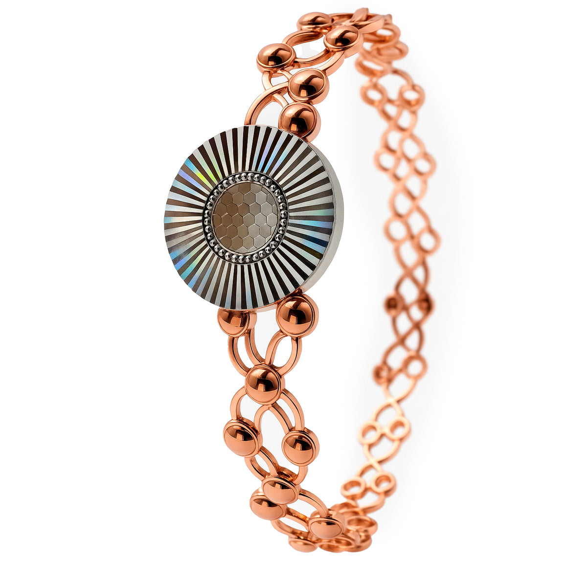 Brazalete Doble Uso Anillo Pulsera con Circulo Diamantado Giratorio y Baño de Oro Rosa Plata .925