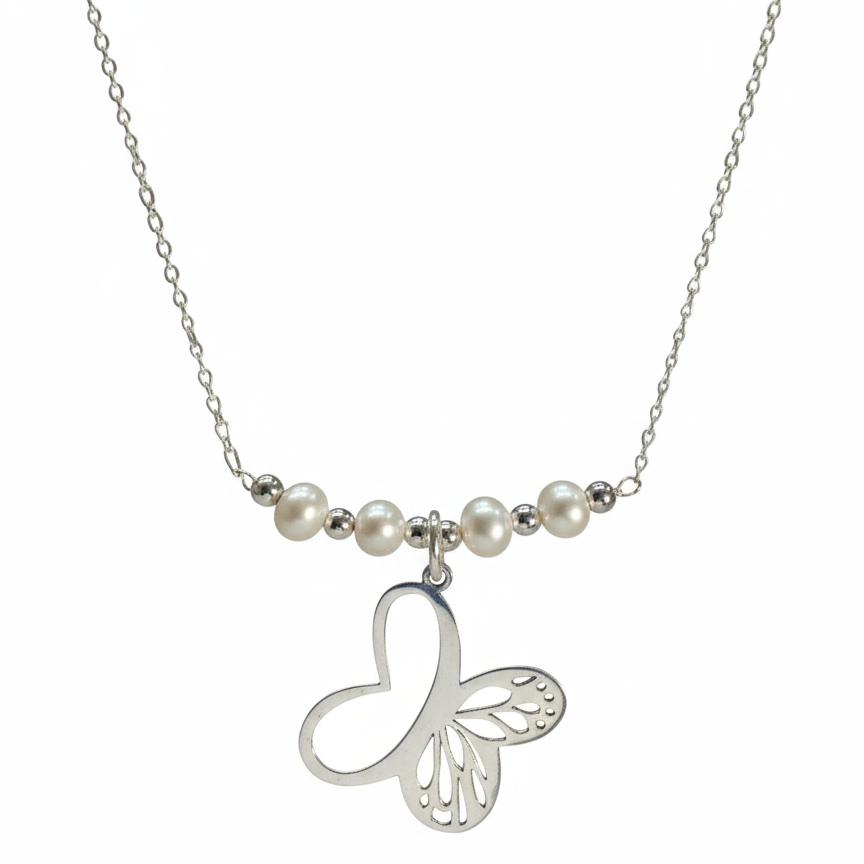 Collar Perla Natural con Mariposa Calada con Perlas Plata .925
