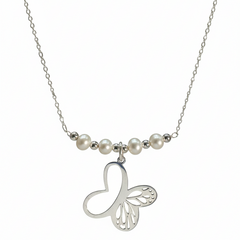 Collar Perla Natural con Mariposa Calada con Perlas Plata .925