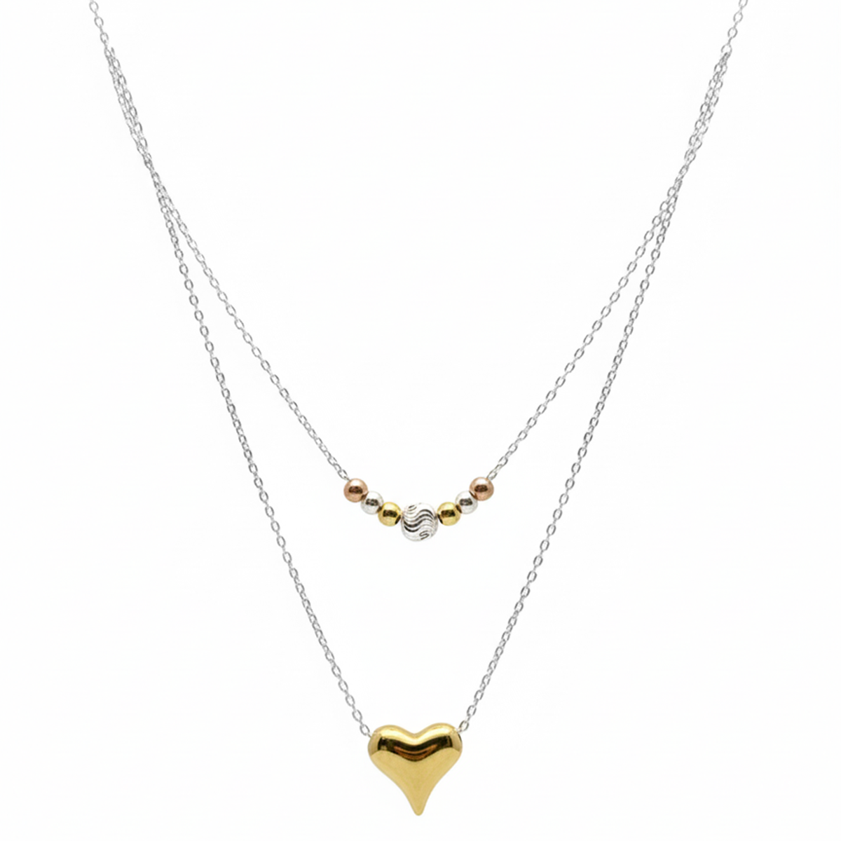Collar Doble con Dije Corazon Dorado y Bolitas Plata .925 con Baño de 3 Oros