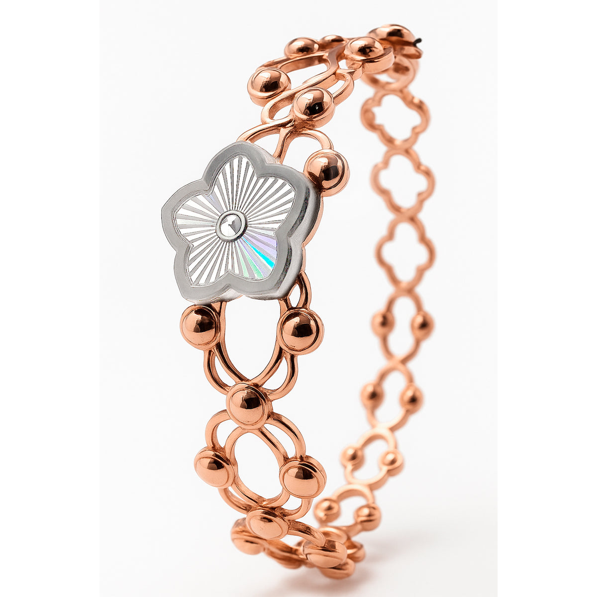 Brazalete Doble Uso Anillo Pulsera con Flor Giratoria y Baño de Oro Rosa Plata .925