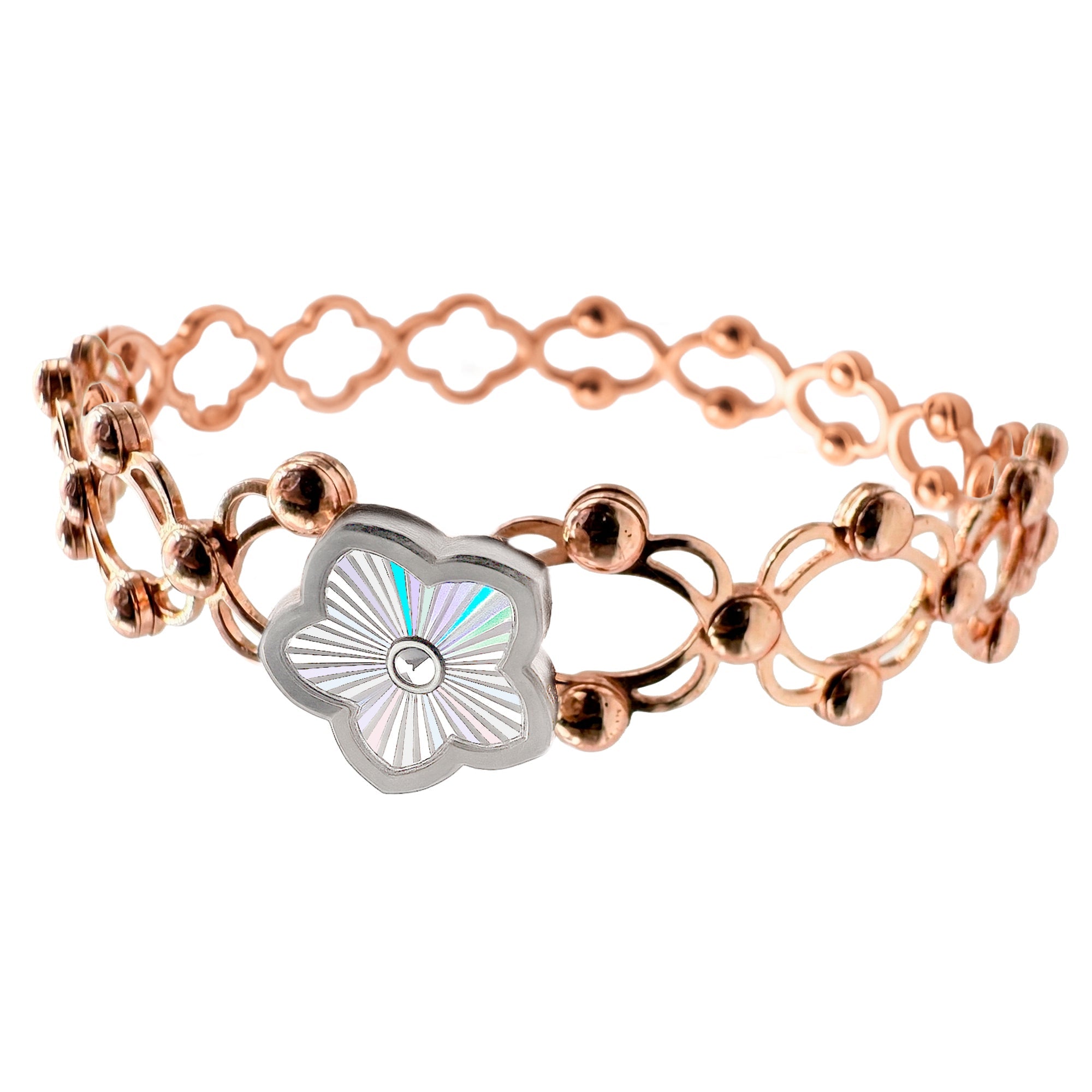 Brazalete Doble Uso Anillo Pulsera con Flor Giratoria y Baño de Oro Rosa Plata .925