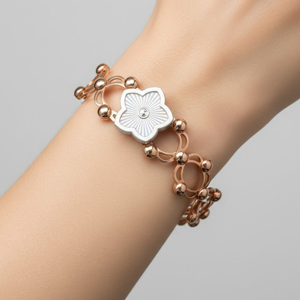 Brazalete Doble Uso Anillo Pulsera con Flor Giratoria y Baño de Oro Rosa Plata .925
