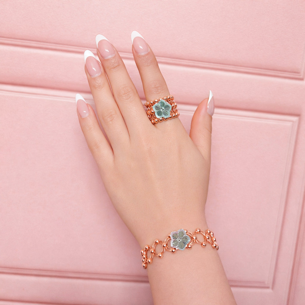 Brazalete Doble Uso Anillo Pulsera con Flor Giratoria y Baño de Oro Rosa Plata .925