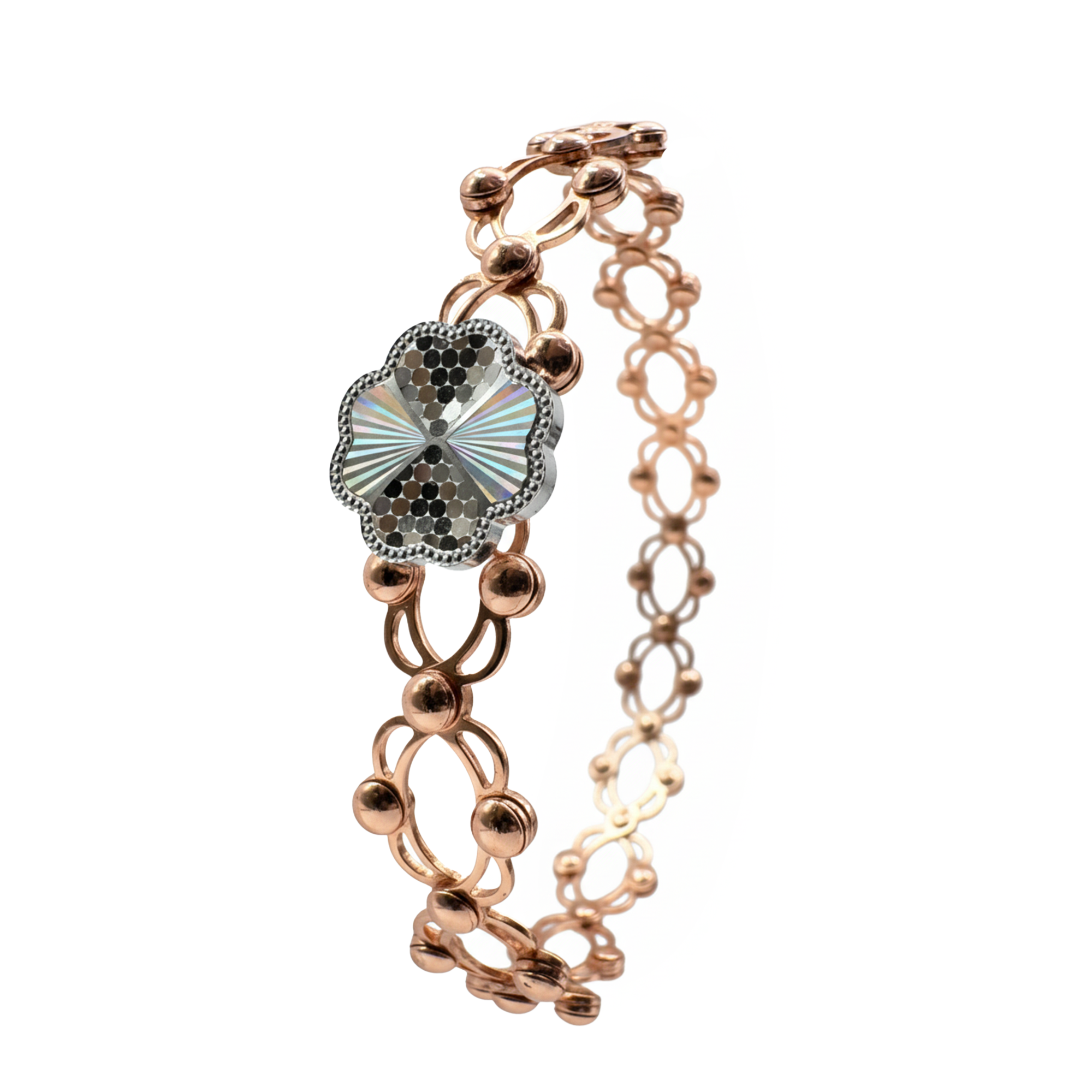 Brazalete Doble Uso Anillo Pulsera con Trebol 4 hojas Giratoria y Baño de Oro Rosa Plata .925