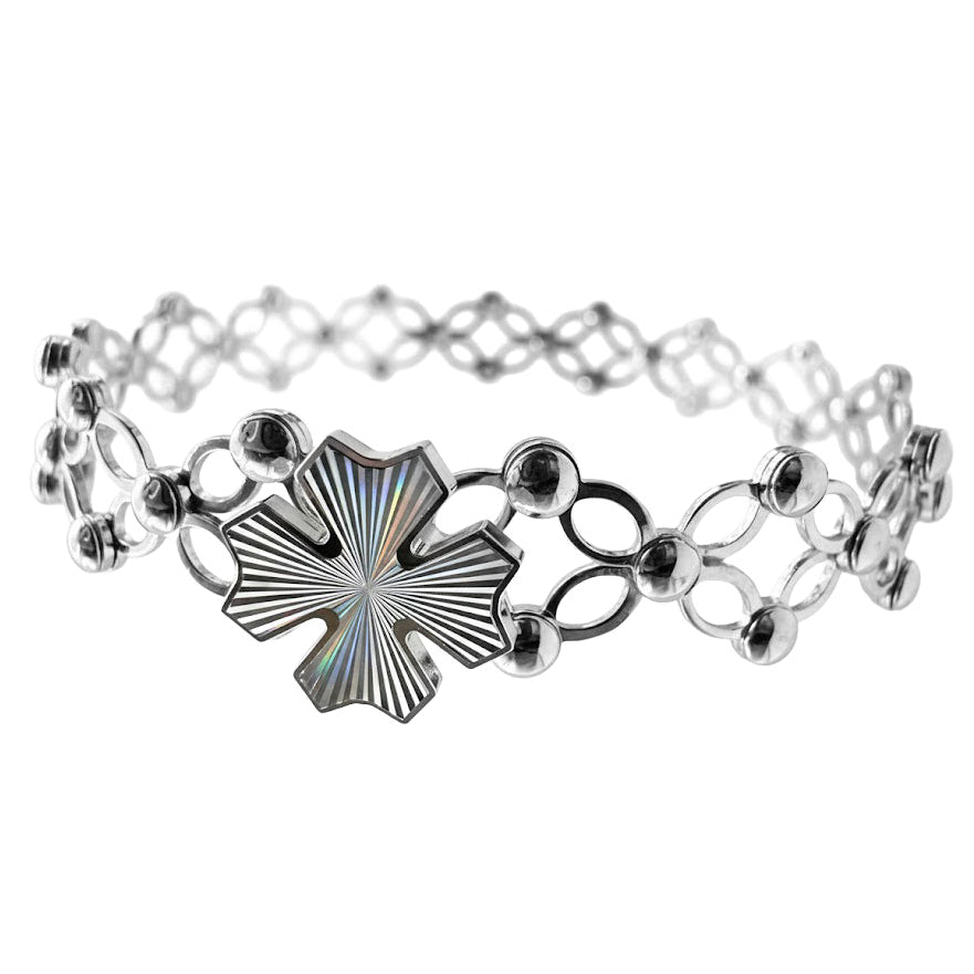 Brazalete Doble Uso Anillo Pulsera con Trebol Giratoria Plata .925 con Baño de Rodio