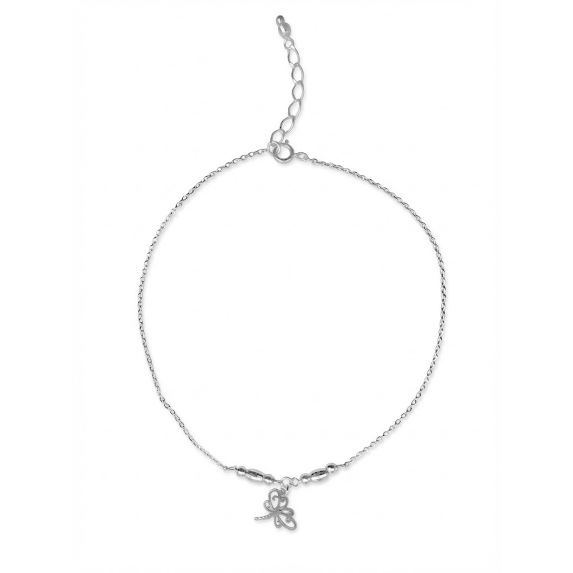 Tobillera Dije de Libélula con Bolita Diamantada y Cadena Eslabones Plata .925