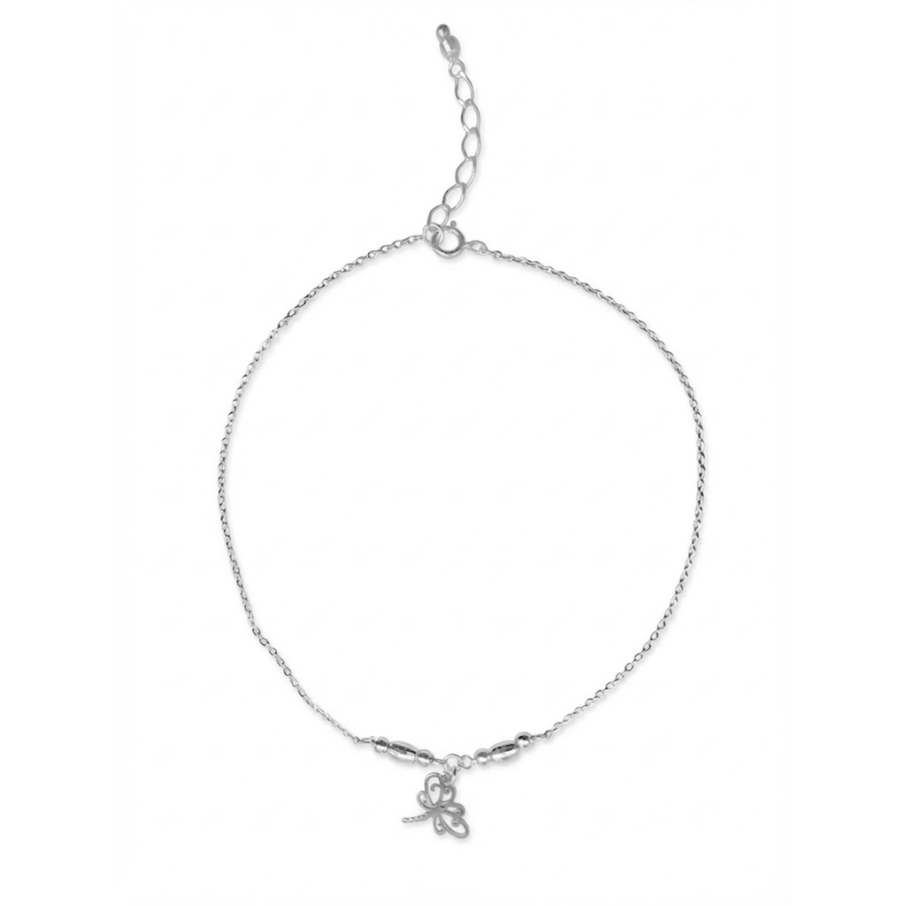 Tobillera Dije de Libélula con Bolita Diamantada y Cadena Eslabones Plata .925