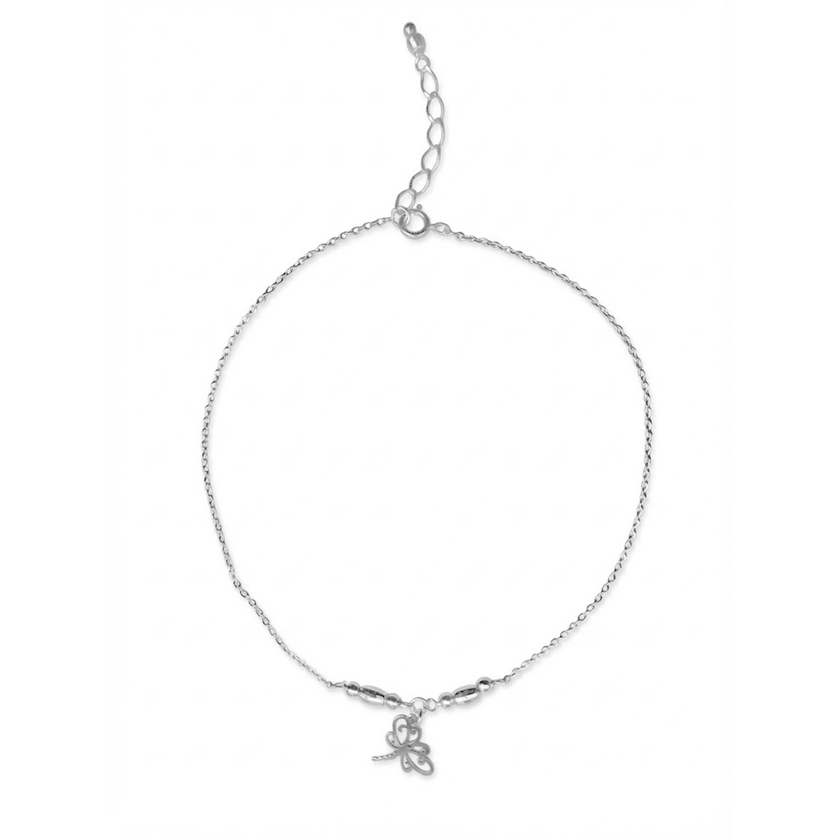 Tobillera Dije de Libélula con Bolita Diamantada y Cadena Eslabones Plata .925
