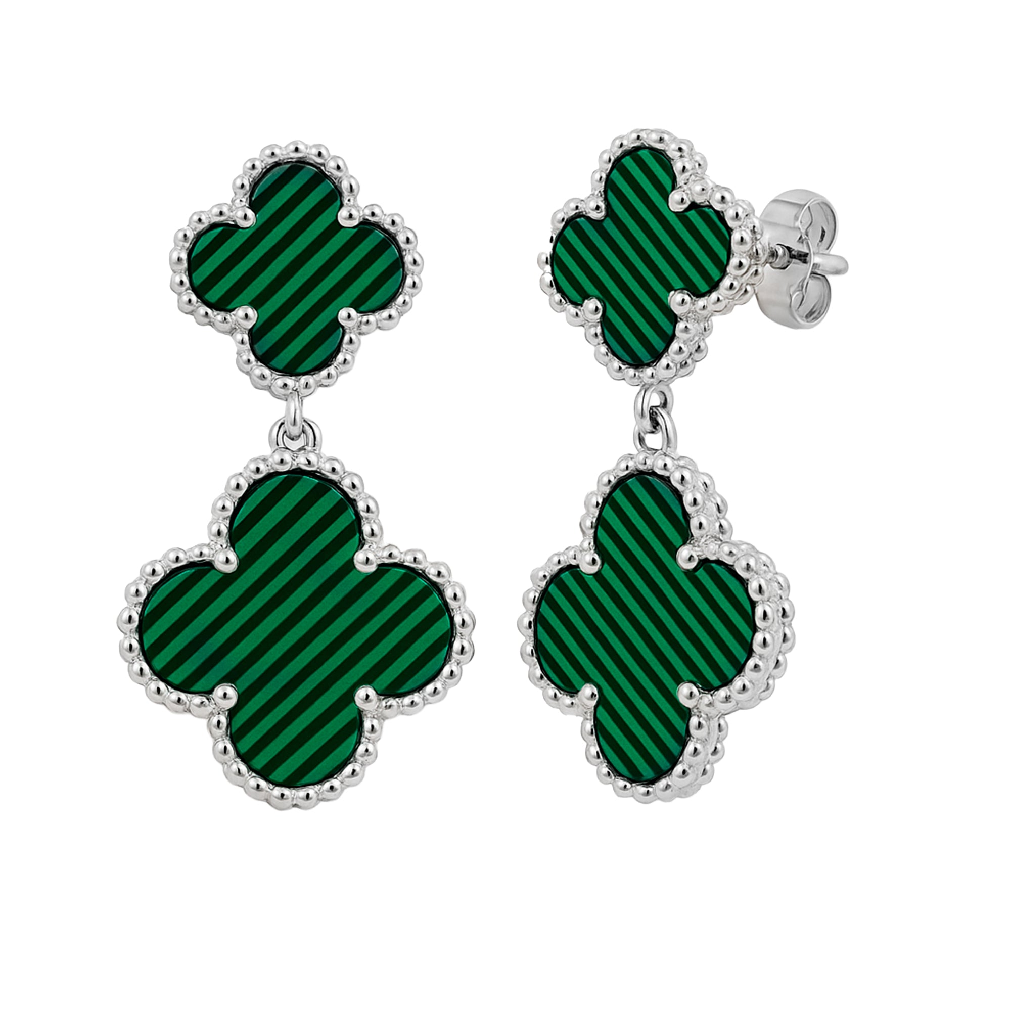Arete Doble Flor Mediano Inspirado Van C con Piedras Naturales Plata .925 con Baño de Rodio