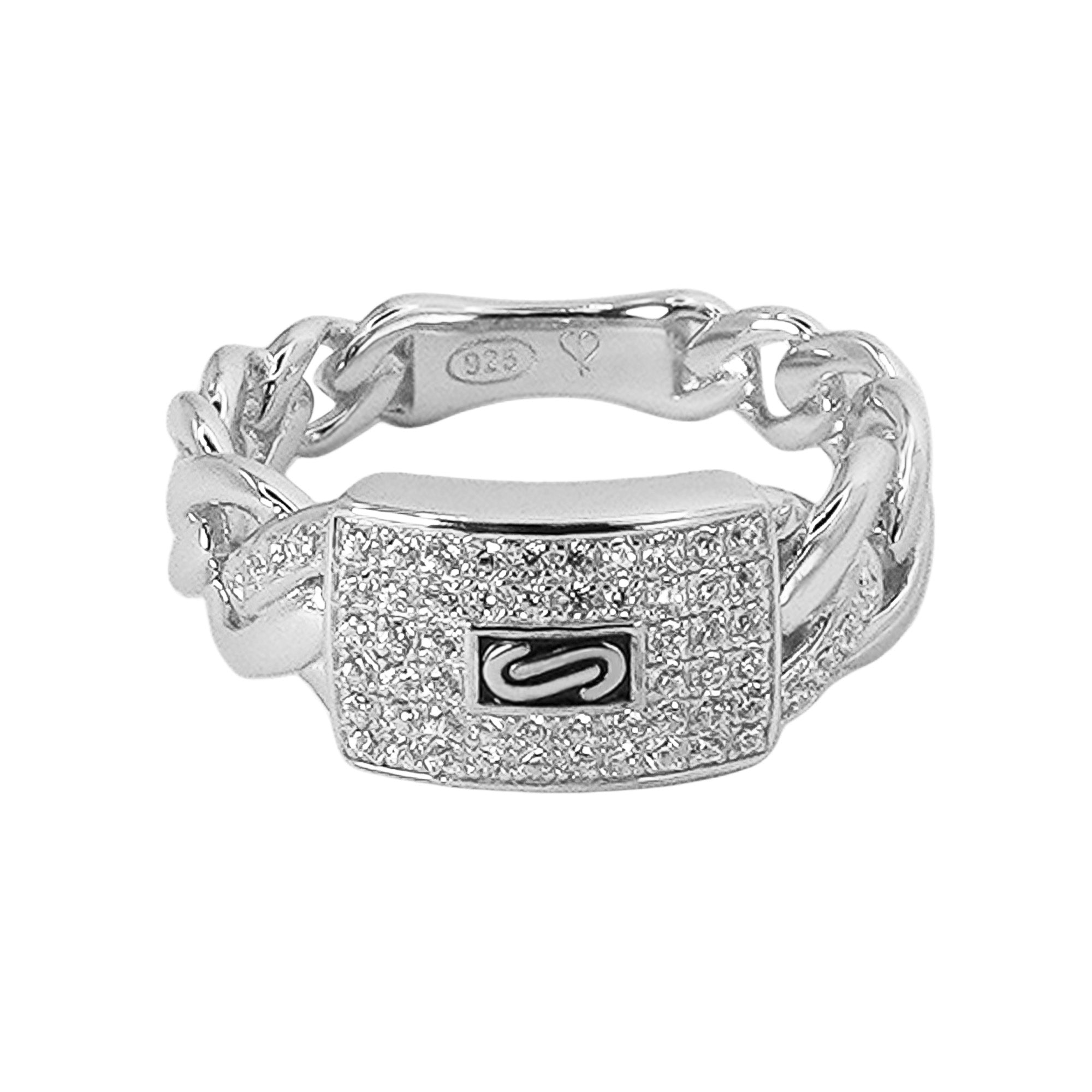 Anillo Inspirado Mónaco Circonias Rectángulo Horizontal, Eslabón Cubano em Disminución, Plata .925 con Baño de Rodio