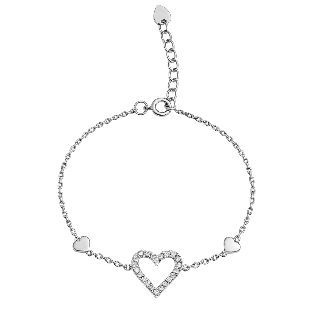 Pulsera Silueta de Corazon Con Circonias y Corazones Lisos Plata .925 con Baño de Rodio
