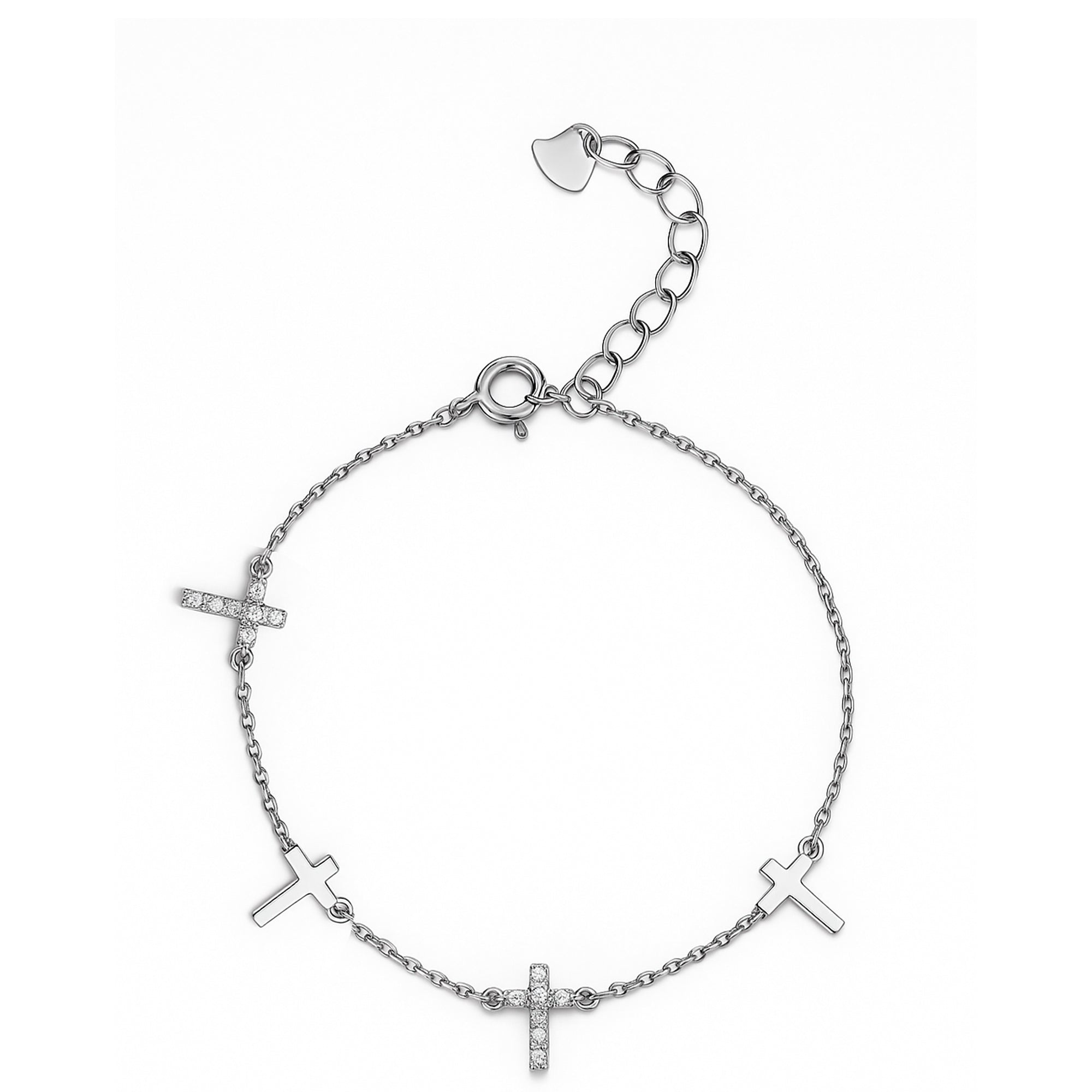Pulsera con Dijes de Cruz con Micro Circonias y Lisas Plata .925 con Rodio