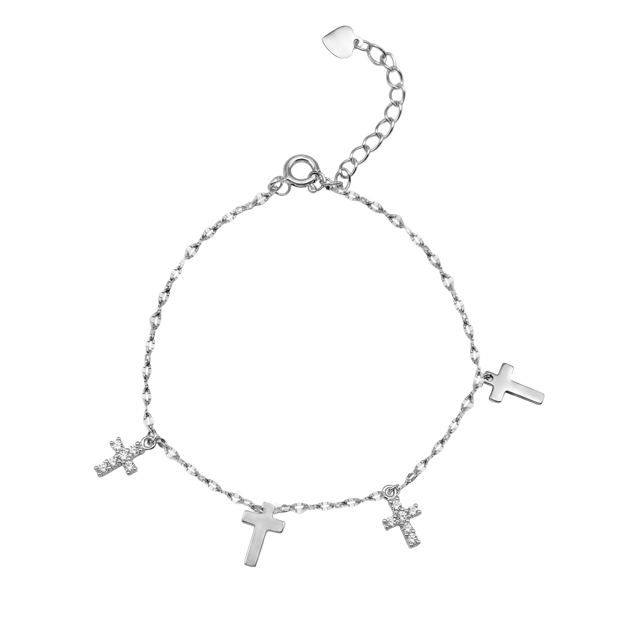 Pulsera con Dijes de Cruz con Micro Circonias y Lisas Plata .925 con Baño de Rodio