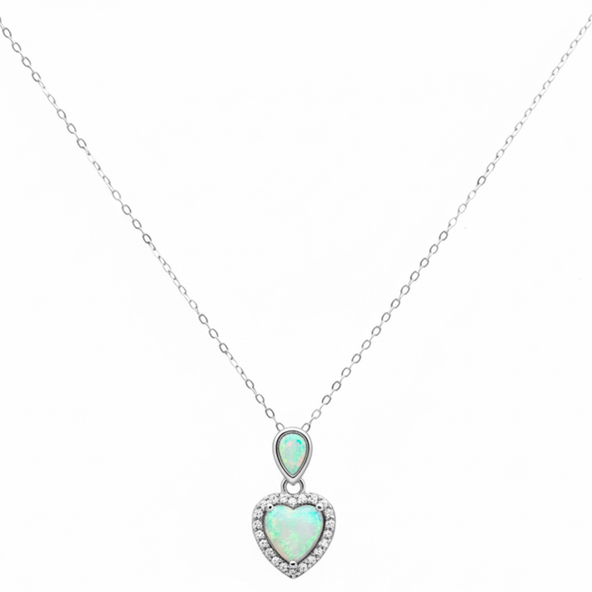 Collar Corazon con Micro Circonias y Ópalo Plata .925 con Baño de Rodio