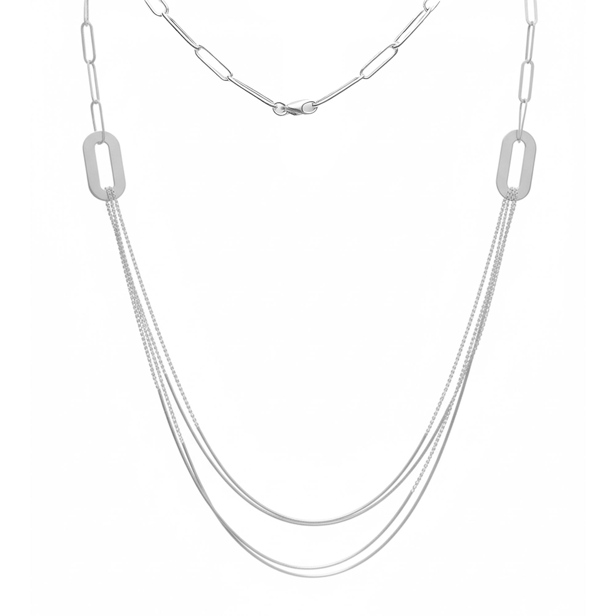 Collar Doble Paper Clip Maxi con Cadena Bolitas y Cola de Rata Plata .925