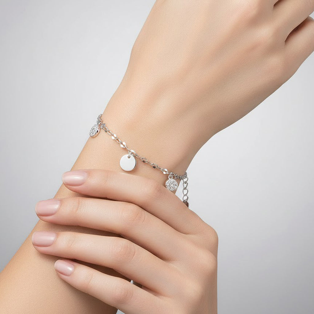 Pulsera de Circulos con Micro Circonias y Cadena Serpentina Plata .925 con Baño de Rodio