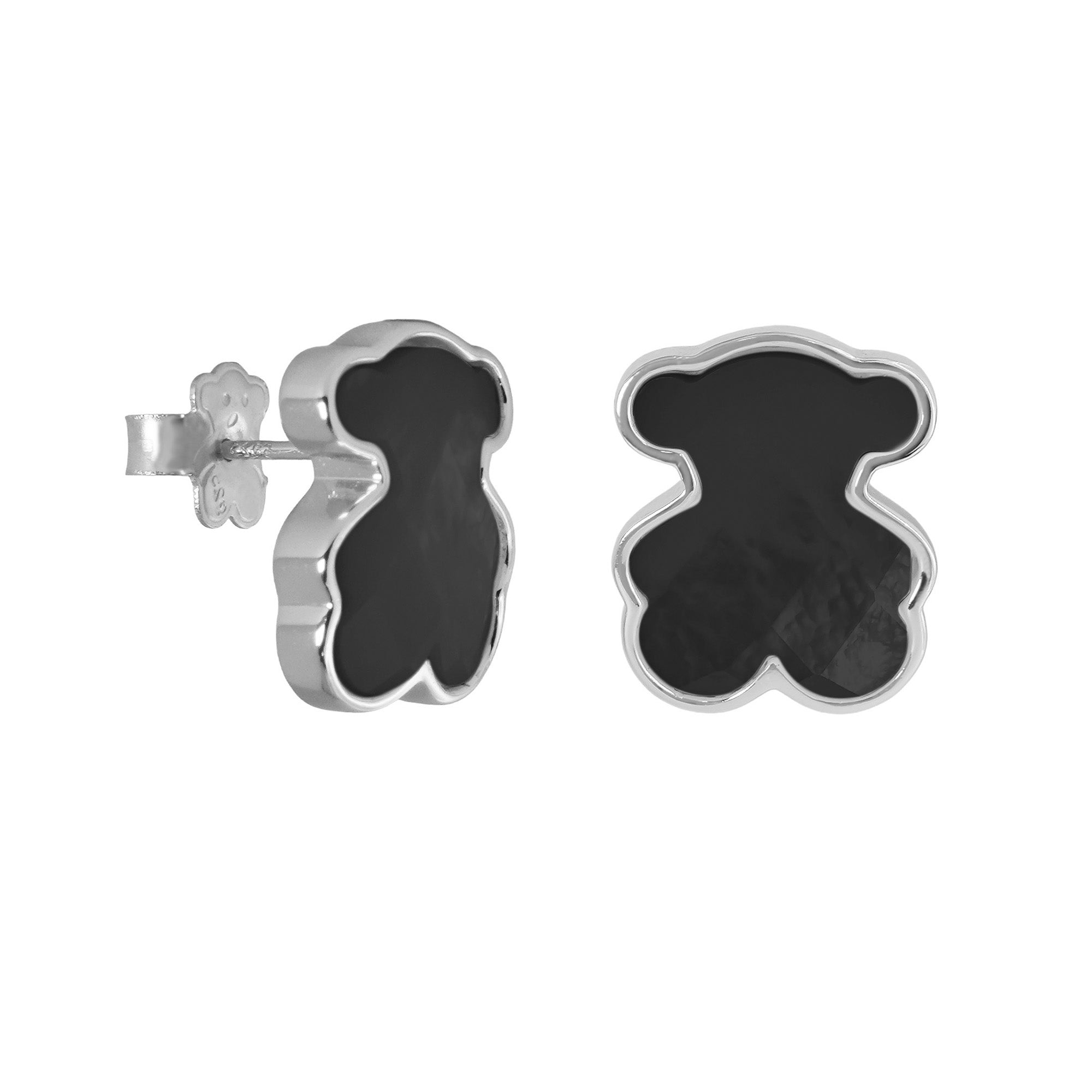Arete Broquel Inspirado Osos 1.1 Onix Facetado Plata .925 con Baño de Rodio
