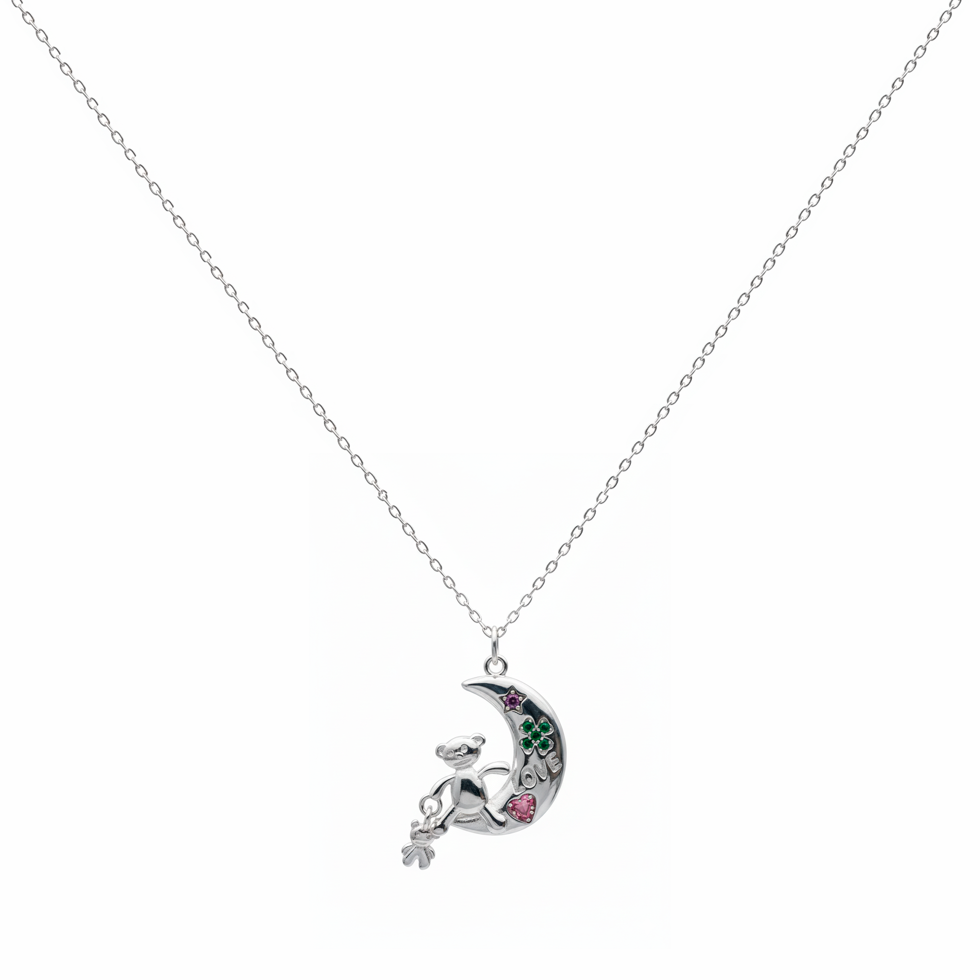 Collar Luna Love con Osito con Micro Circonias Multicolor Plata .925