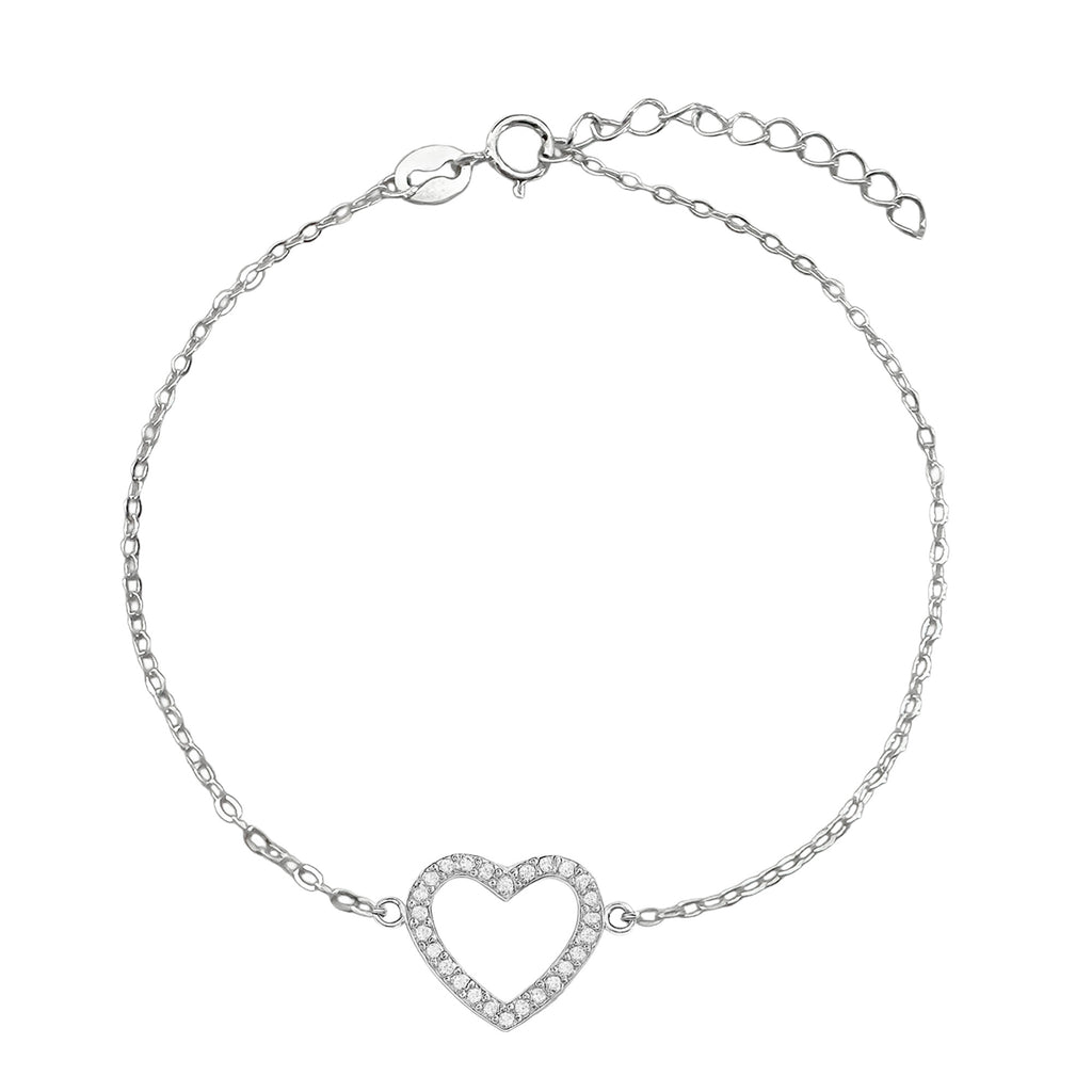 Pulsera Silueta de Corazon con Micro Circonias y Cadena Eslabones Plata .925 con Baño de Rodio