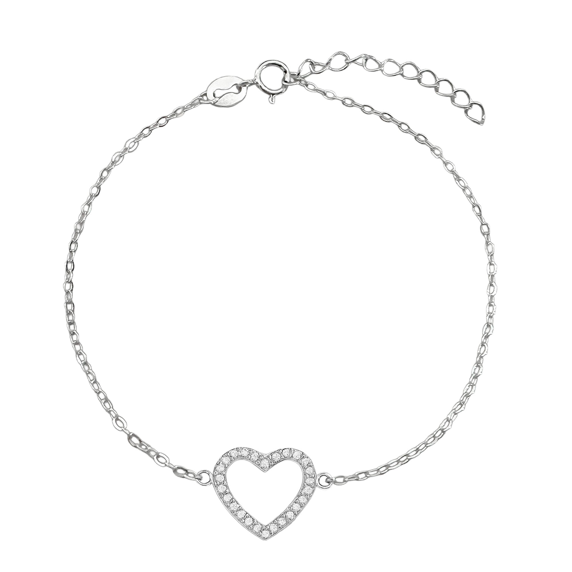 Pulsera Silueta de Corazon con Micro Circonias y Cadena Eslabones Plata .925 con Baño de Rodio