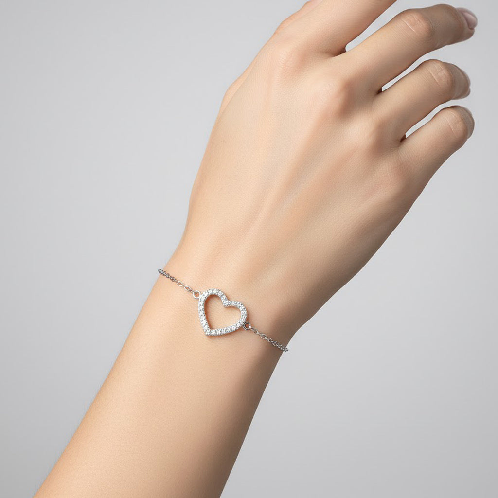 Pulsera Silueta de Corazon con Micro Circonias y Cadena Eslabones Plata .925 con Baño de Rodio