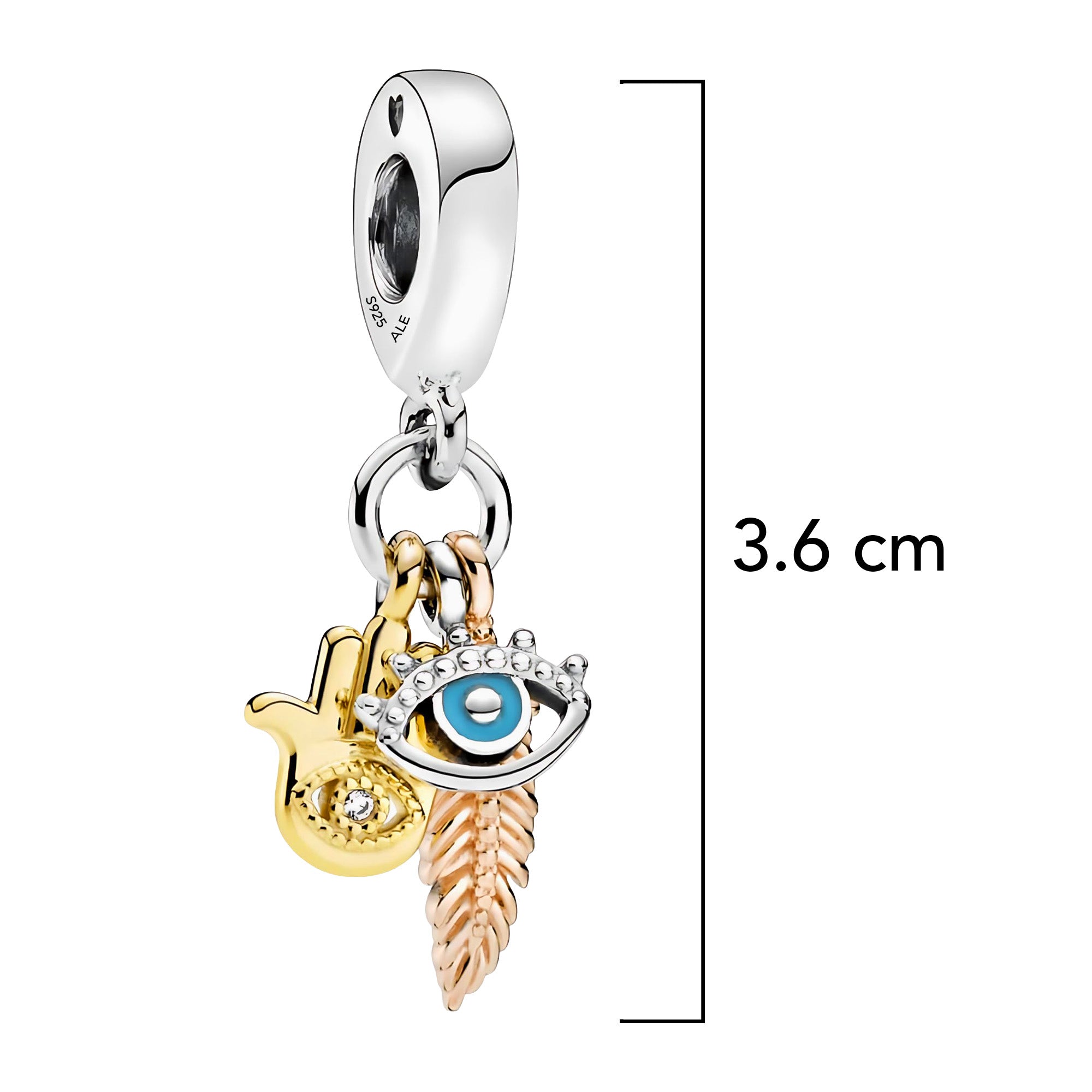 Charm Inspirado Pan 1:1 Mano de Fatima Dorada, Pluma y Ojo Turco, Plata .925